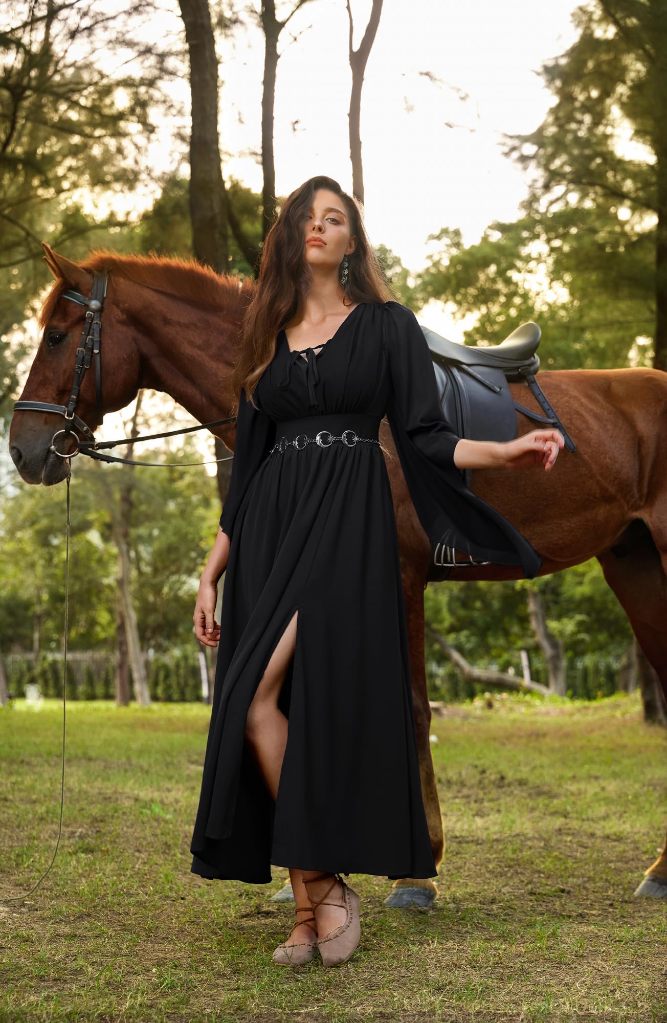SCARLET DARKNESS Vestido medieval para mujer, con cordones, mangas acampanadas 3/4, abertura frontal, vestido largo renacentista