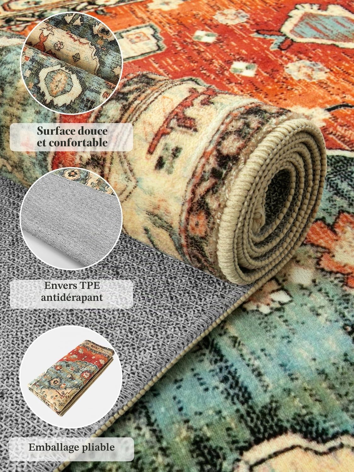 KIMODE Paillasson bohème à poils courts - Lavable - En laine synthétique distressed - Antidérapant - Pour porte d'entrée, chambre à coucher, cuisine, entrée - Rouge - 60 x 90 cm