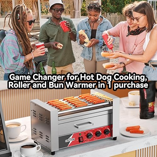 Miniatura 5 de CROSSON Hot Dog 7 Rodillo con calentador de bollo, 7 antiadherente comercial 304 rodillo parrilla cocina-120 V, 1350 W