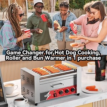 CROSSON Hot Dog 7 Roller with Bun Warmer,Commercial 7 Nonstick 304 Roller Grill Cooker Machine-120V, 1350W