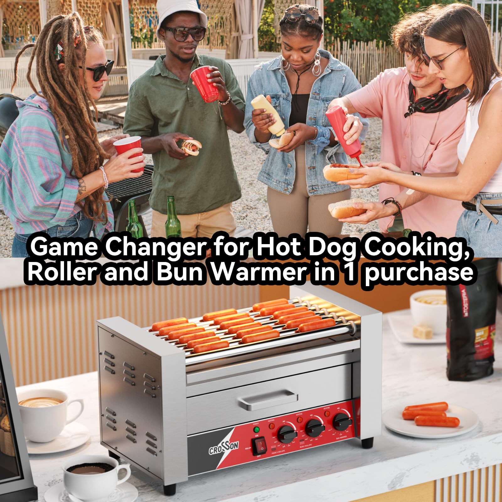 CROSSON Macchina Hot Dog Professionale 2 in 1,Rullo Elettrico per Hot Dog in Acciaio Inox 1350W con 7 Rulli,con Scalda Pane,Controllo Dual Temp