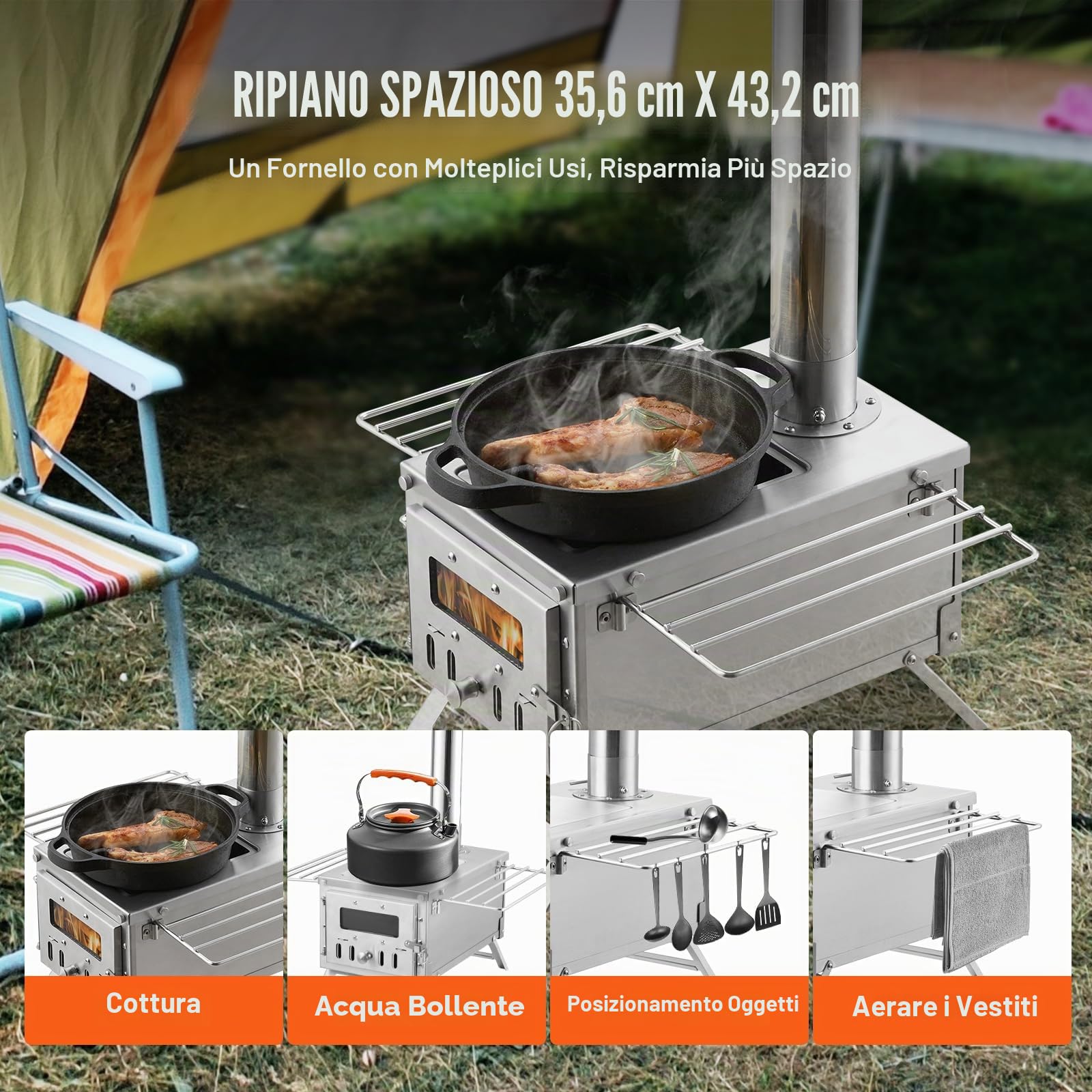 VEVOR Stufa a Legna, 80 pollici, Stufa per Tenda da Campeggio in Acciaio Inox, Stufa a Tenda Calda con focolare da 700 pollici³ per Cucinare all'aperto e Riscaldamento con 8 Tubi