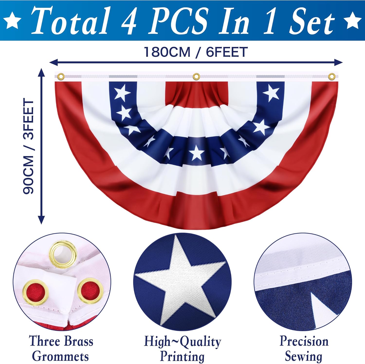 4 Pack Large Size 3 X 6 FT American Bunting Flag 4th of July Decorations, USA Pleated Fan Flag Memorial Day Patriotic Half Fan Banner 100% Polyester Fourth July Independence Day Outdoor Indoor Decor