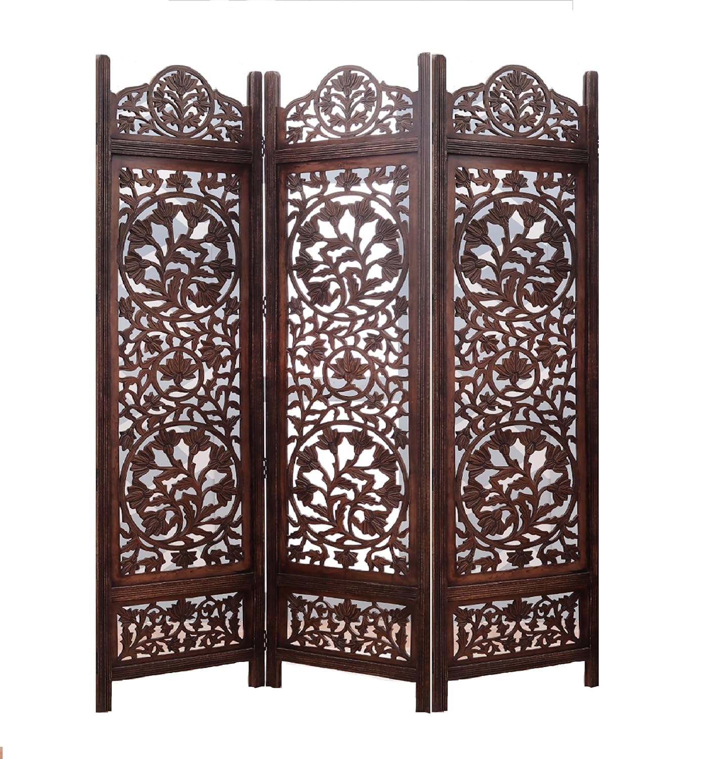 Wooden Room Divider Partition Folding Privacy Screen Decorative Panel for Living Room, Bedroom, Hall, Makeup Studio & Pooja - Lotus Design (Brown, 3 Panel)-image-36