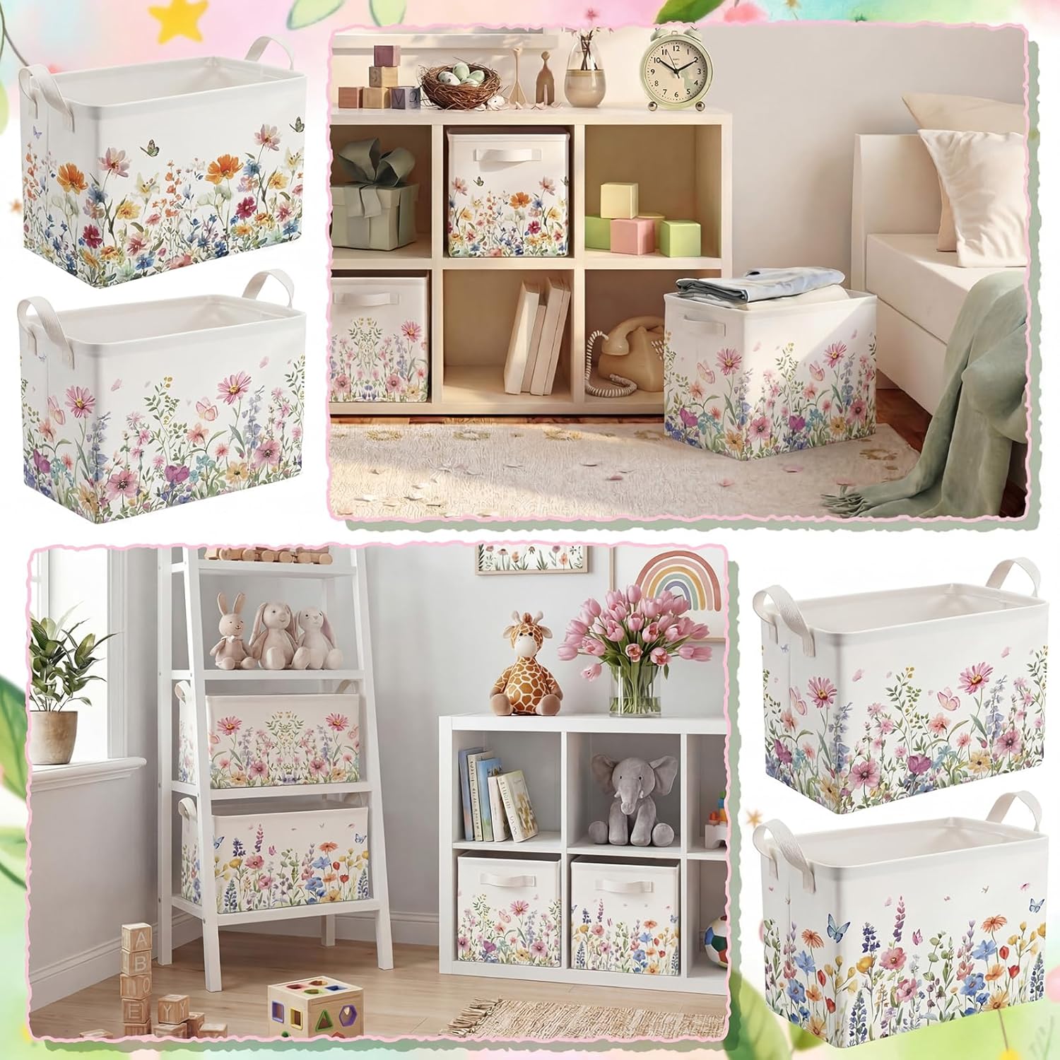 3 Pcs Spring Floral Storage Baskets for Gifts Empty Collapsible Watercolor Flowers Large Watercolor Flowers Storage Bins Rectangle Clothes Butterfly Shelf Laundry Basket Organizer for Home