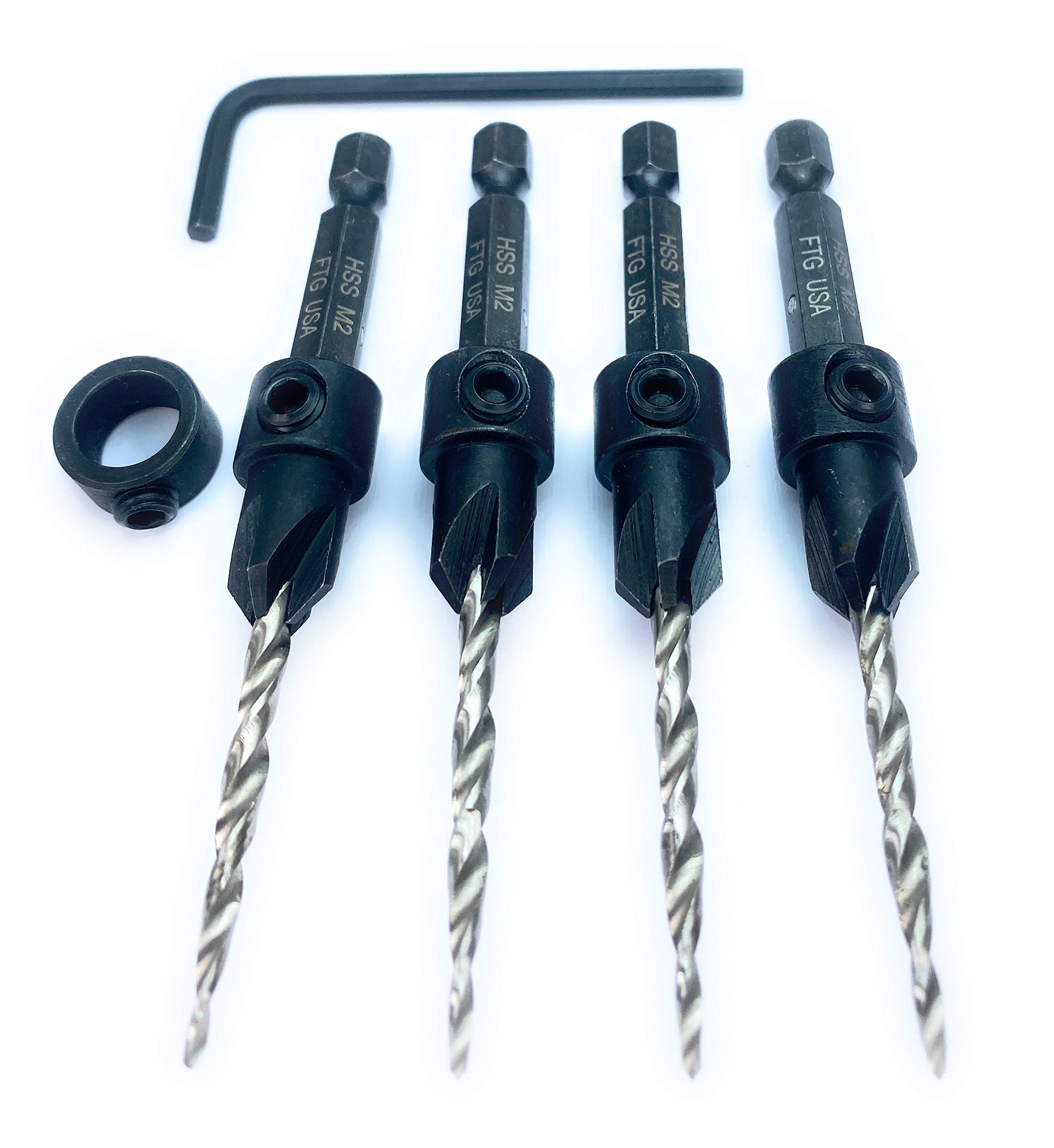 FTG USA Juego de 4 brocas avellanadas #6 (9/64 pulgadas), broca avellanada cónica, cuello de tope, llave hexagonal, brocas avellanadas para carpintería
