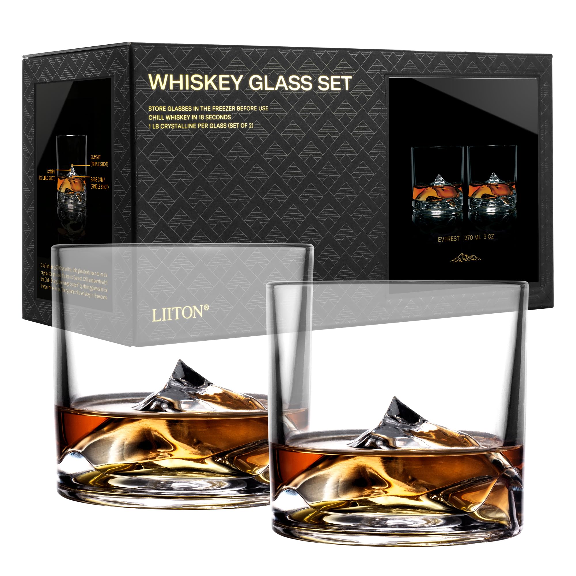 LIITON Mount Everest Heavy Crystal Whiskey Glasses Gift Set of 2, Thick Freezable Bourbon Glass 1lb Each, Premium Whiskey Gifts for Men, Frozen Crystal Chills Cocktails, 10 oz