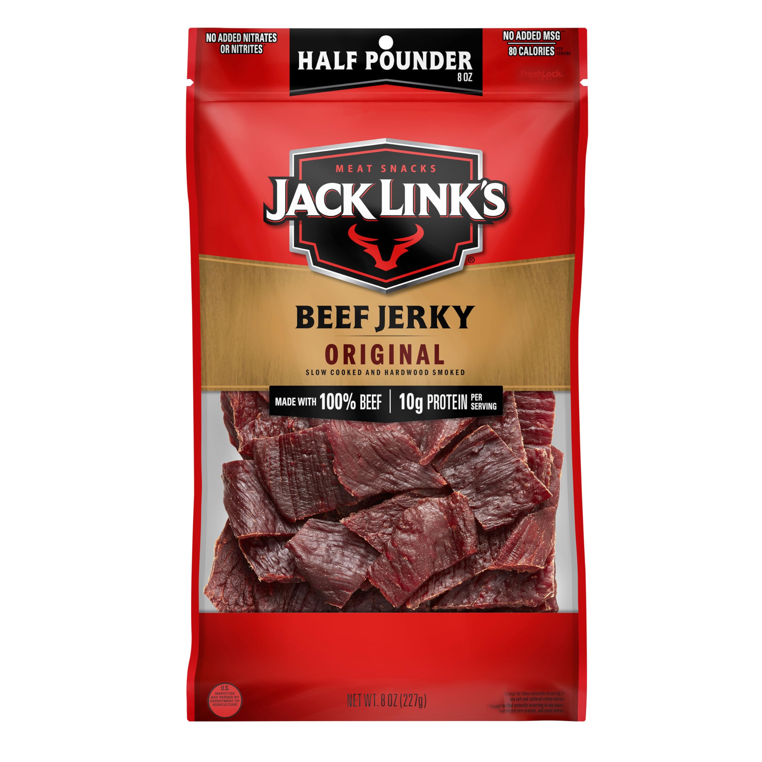 Beef Jerky, Original, Half Pounder Large Jerky Bag - Flavorful Meat Snack, Ready to Eat Protein Snacks with 10g of Protein per Serving, Made with 100% Beef