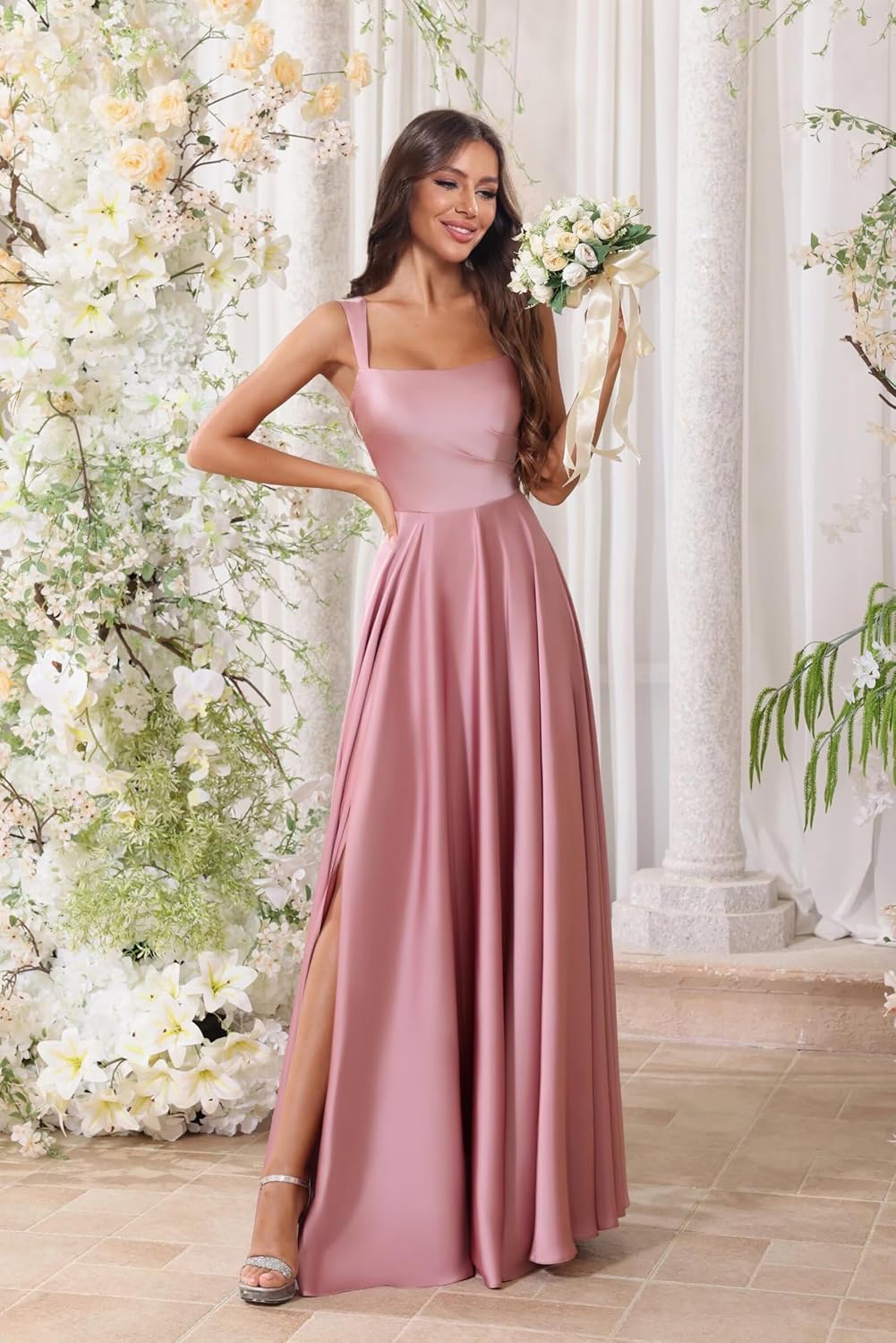 Satin Square Neck Bridesmaid Dresses for Women Elegant A-Line Spaghetti Straps Pleated with Slit Long Prom Gown - Image 2