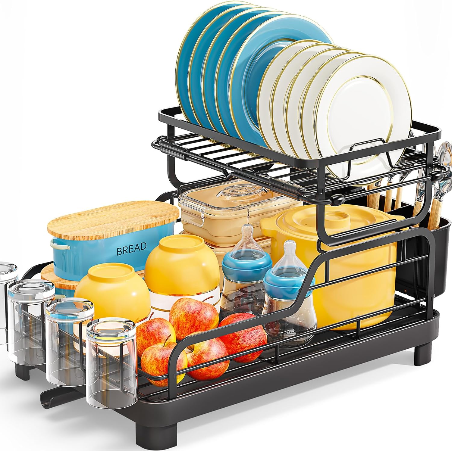 TOOLF Dish Drying Rack,2 Tier Dish Drying Rack with Large Drainboard,Dish Racks for Kitchen Counter and Sink,Stainless Steel Dish Drainers with Cup ＆ Utensil Holders,Black