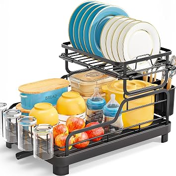 TOOLF Dish Drying Rack,2 Tier Dish Drying Rack with Large Drainboard,Dish Racks for Kitchen Counter and Sink,Stainless Steel Dish Drainers with Cup & Utensil Holders,Black