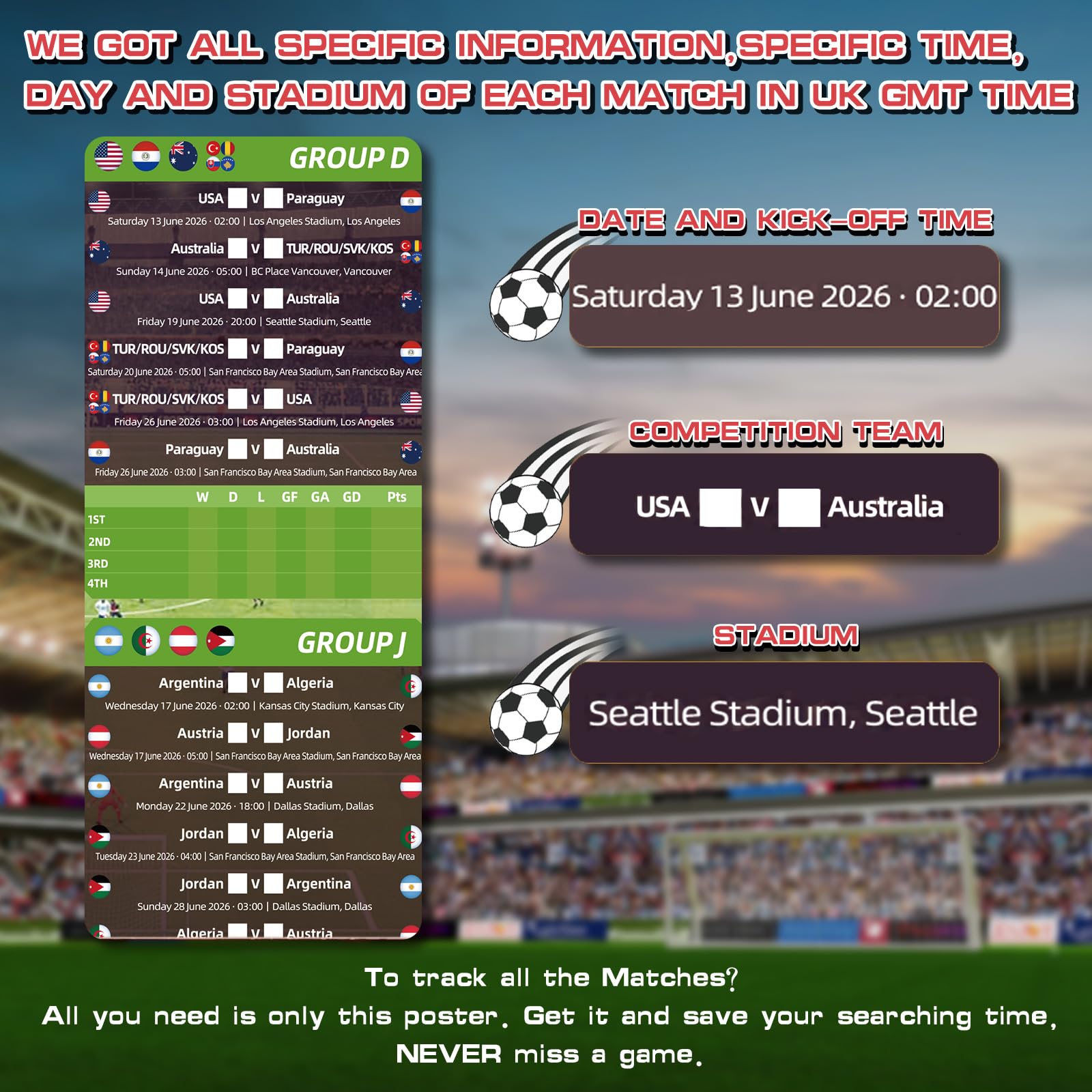 AhfuLife 2Pcs World Cup Football 2026 Wall Chart for Party Decorations - A2 Sizes World Cup WallChart Poster - Includes 48 Teams Group Knockout Final Results Wall Calendar (Folded, A2-42cm x 59.4cm) — view 3