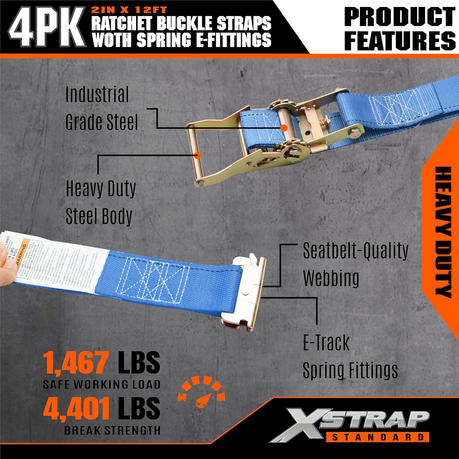 XSTRAP STANDARD 4-Pack 2" x 20' E-Track Ratchet Tie Down Straps 4,401 lbs Break Strength Heavy Duty Cargo Securement for Trailers, Trucks, Vans & Motorcycles with Spring Fittings (Blue) - Image 4