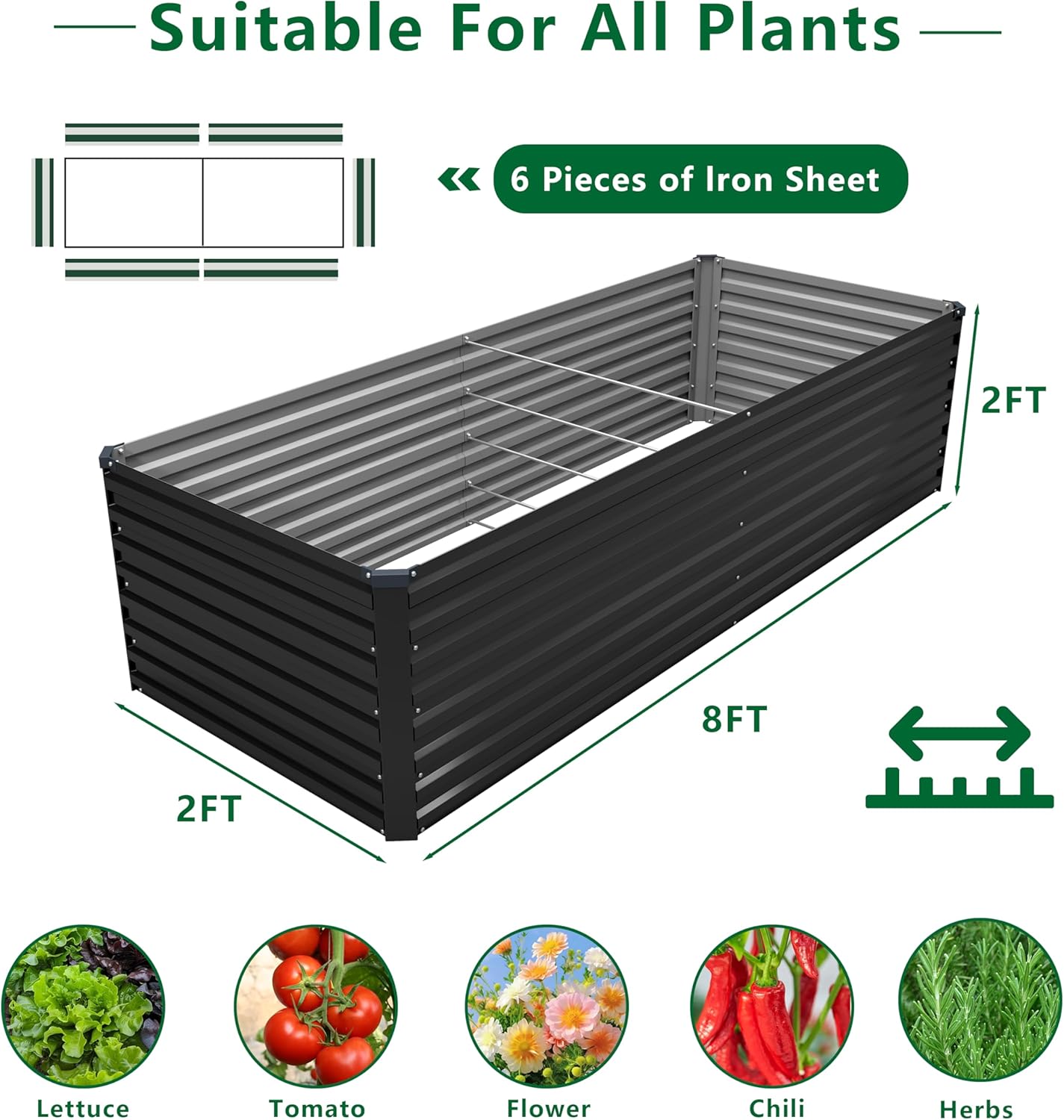 DIIYIV 8x2x2FT Galvanized Raised Garden Bed Kit,Vegetable Plant Boxes-Rectangle Metal Flower Box,Large Planter Raised Beds Outdoor Garden for Planting,Fruit,Herb-Black