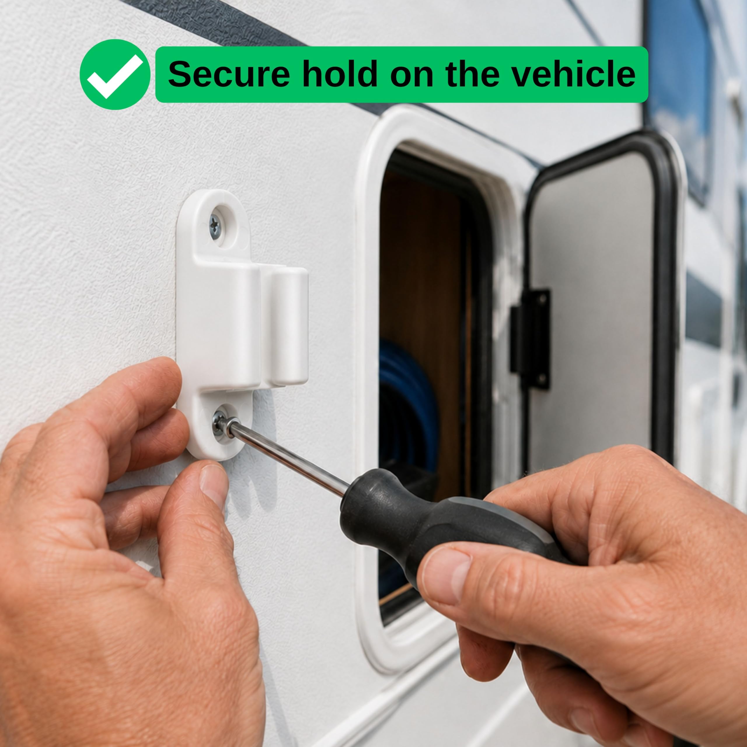 Fermo per Porta Roulotte e Camper, Interasse fori 35 mm e 48 mm, Serratura di Bloccaggio Bianca, per Sportelli di Servizio e Gavoni di Stoccaggio, Sicura per Porta Camper, Accessori Camper Roulotte
