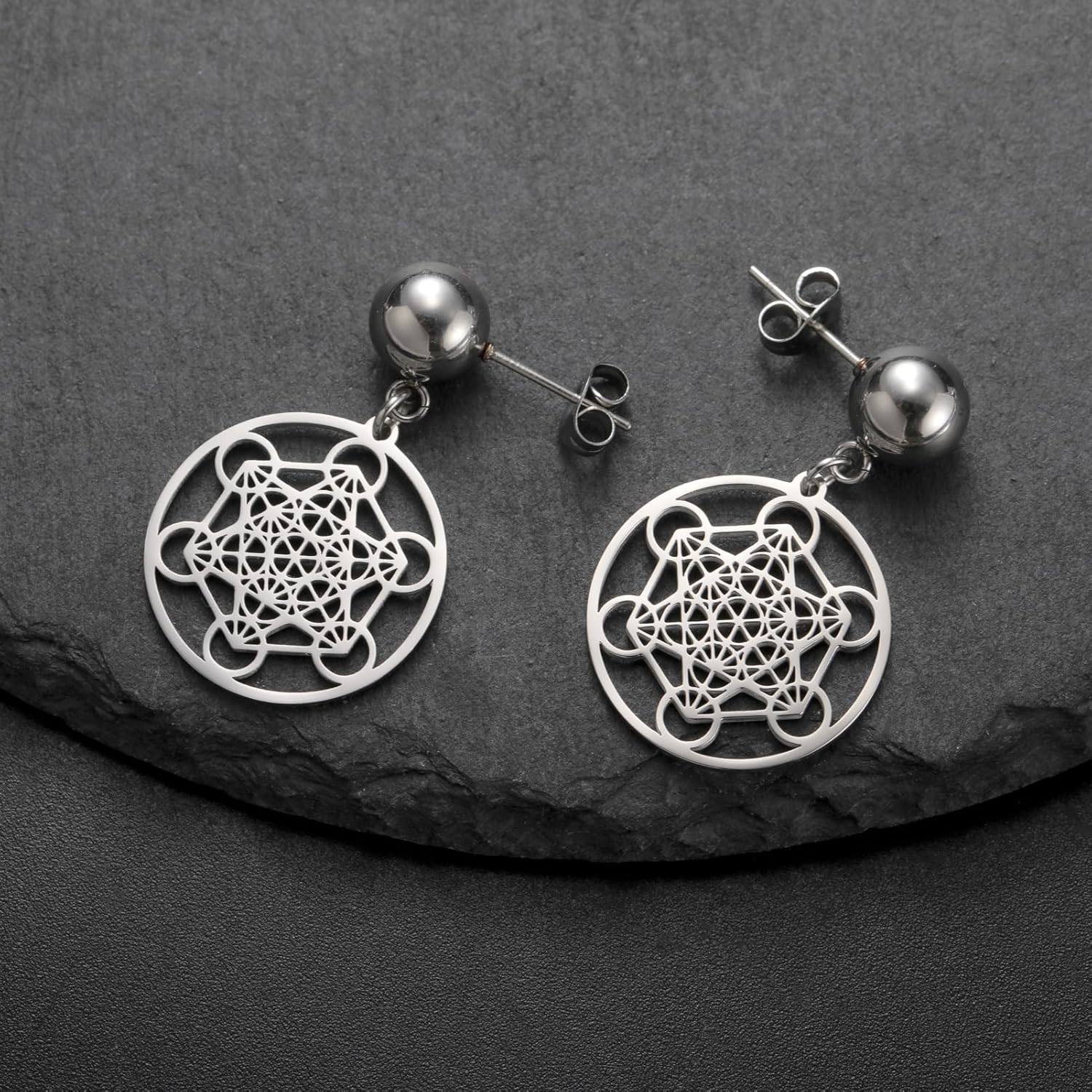 TEAMER Metatron Stud Earrings Stainless Steel Geometric Hollow Metatron Cube Dangle Earrings Vintage Amulet Jewelry for Women - Image 7