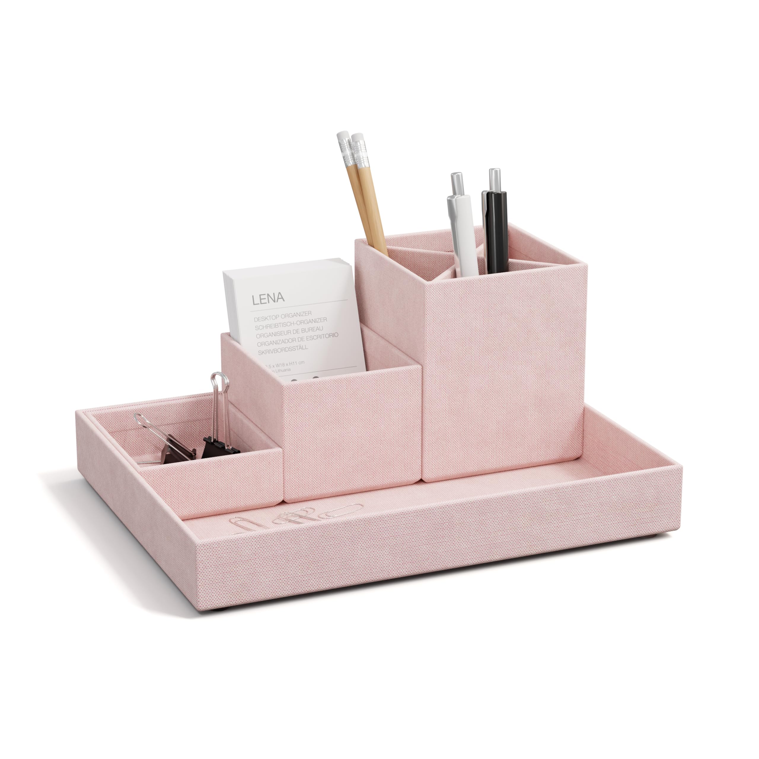 BIGSO BOX OF SWEDEN LENA Schreibtisch Organizer für Stifte, Büroklammern, Haftnotizen usw. – Sortierkasten mit 4 Fächern – Ordnungssystem aus Faserplatte und Papier in Leinenoptik – rosa