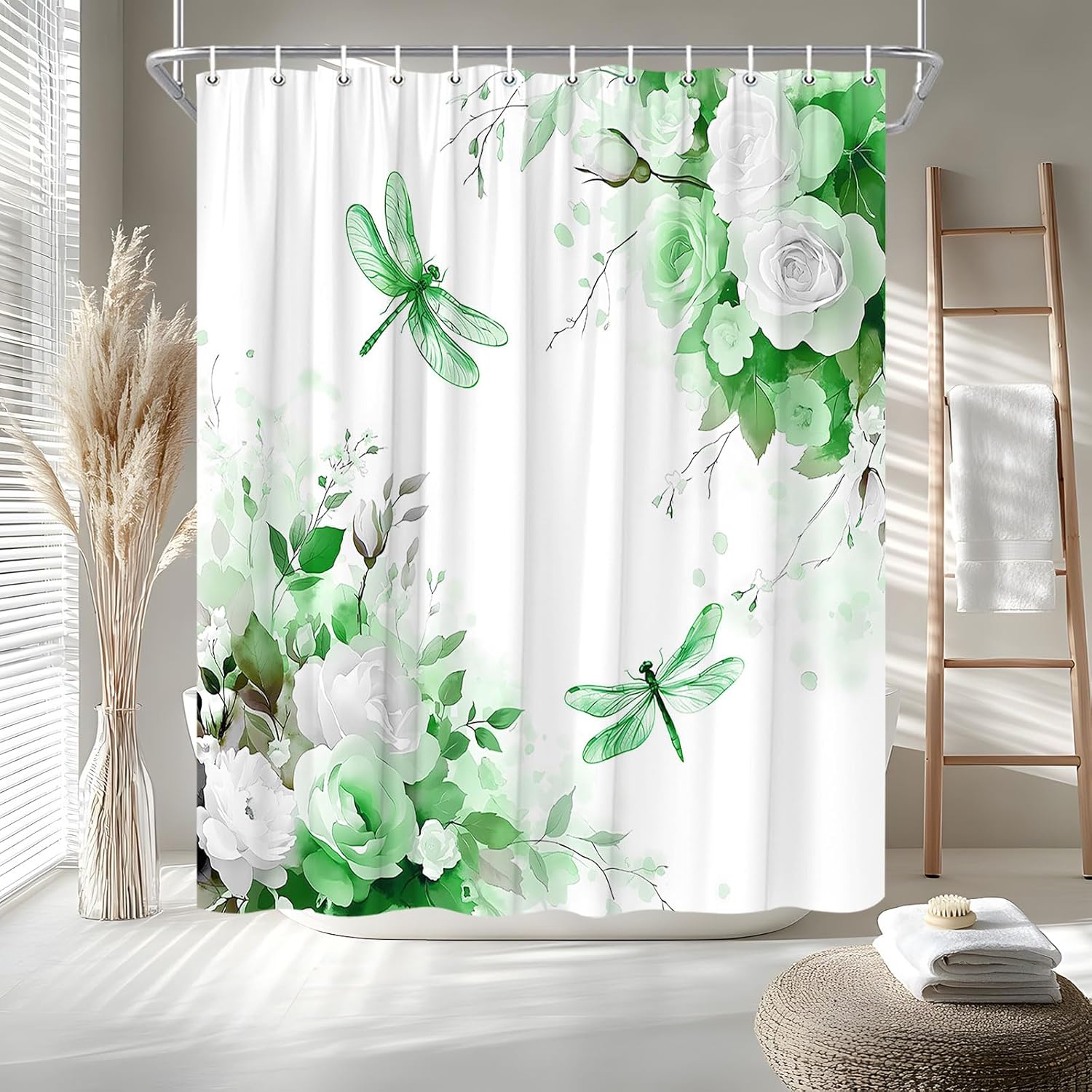 Green Flower Dragonfly Shower Curtain Watercolor Rose Floral Spring Summer Green Leaves Rustic Nature Plant Bath Curtain Fabric Bathroom Accessories Decor with Hooks 90W x70L