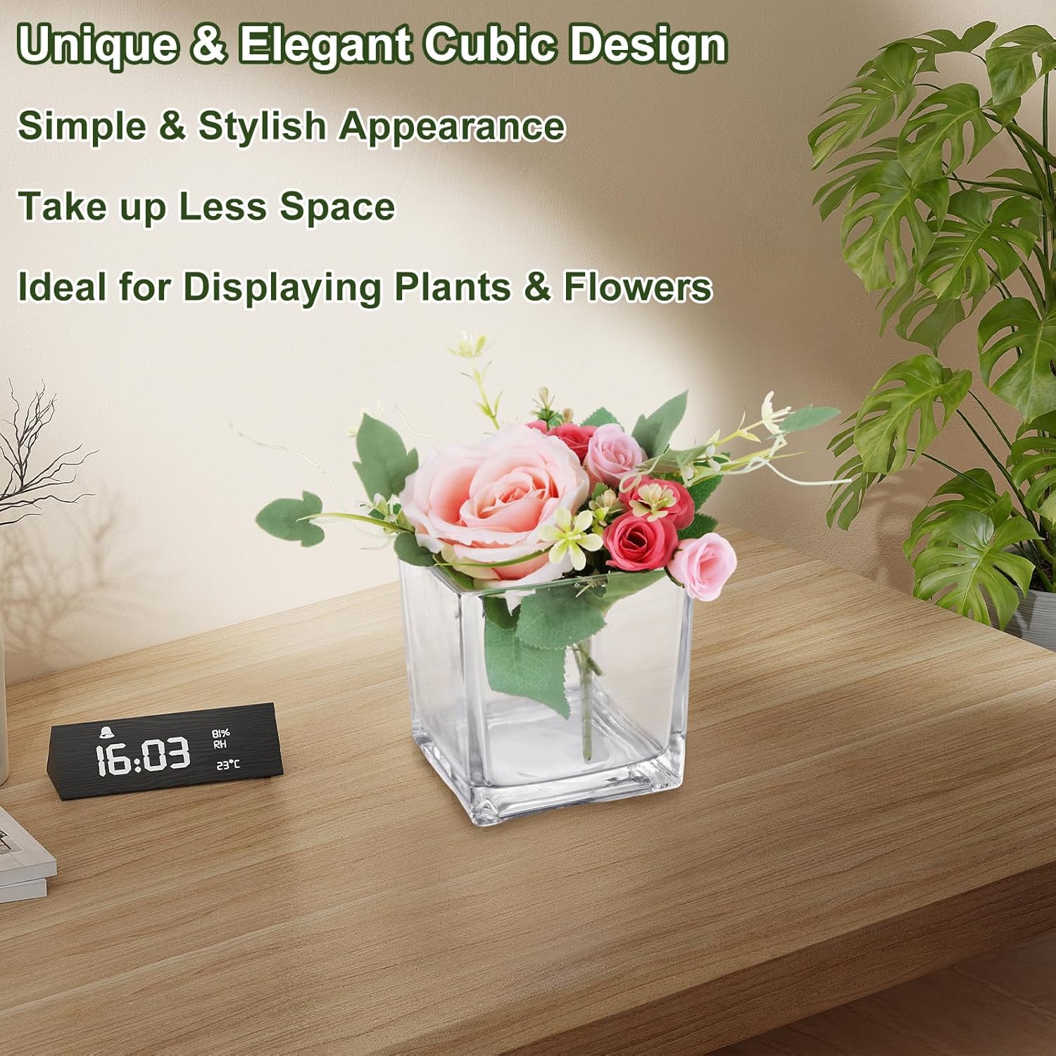 6 Pack 5 x 5 x 5 Inch Square Glass Vases, Clear Square Vases for Centerpieces, Glass Cube Flower Vases Short Vases for Candle Holder Events Wedding Party Home Decoration