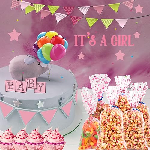 Miniatura 6 de COQOFA 100 bolsas de regalo de celofán con estrellas rosadas de 7 x 12 pulgadas, bolsas de regalo de celofán, bolsas de regalo de fiesta, bolsas