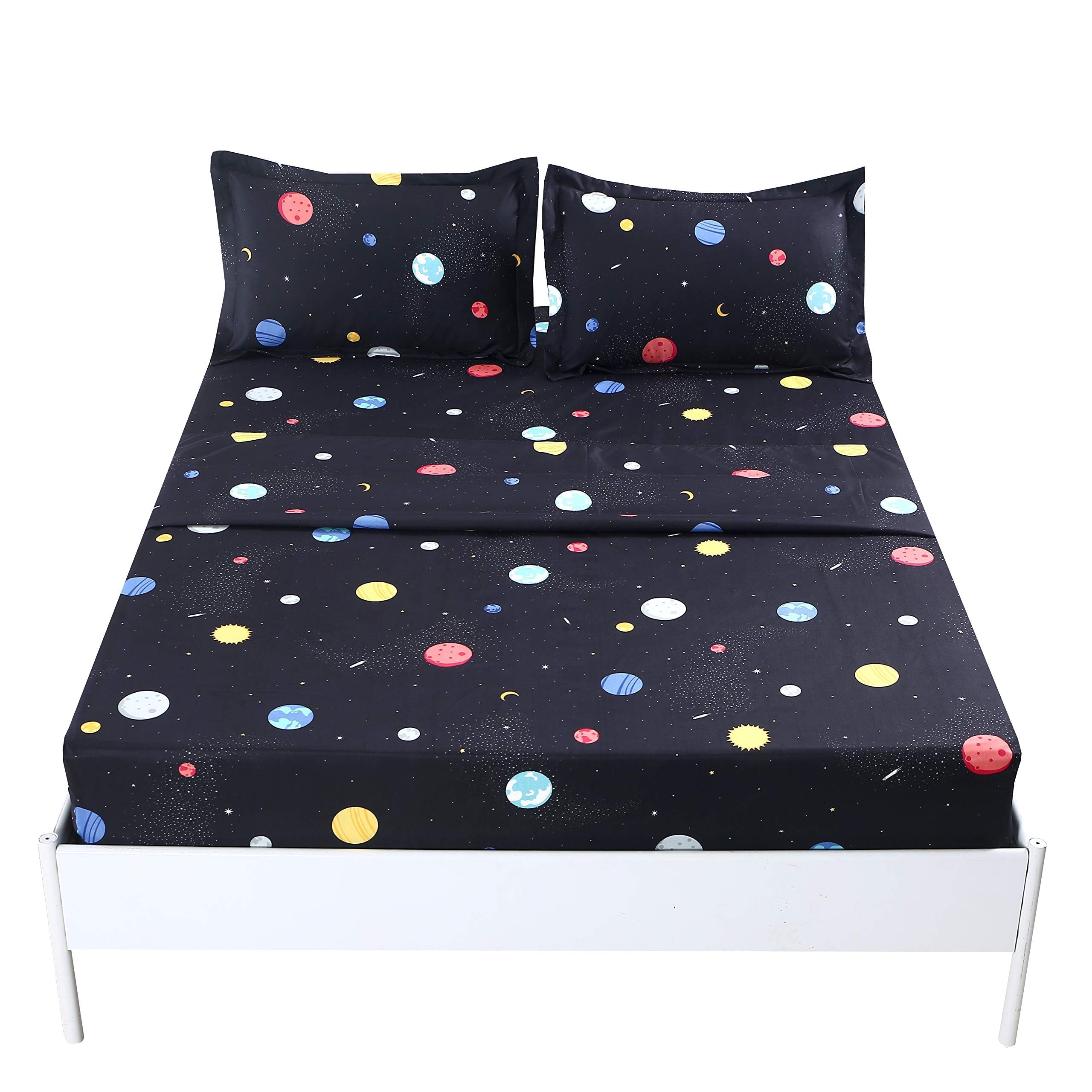 MAG Queen Size Space Sheet Set 4 Pcs Black Galaxy Bedding Set with 14 Deep Pocket Fitted Sheet