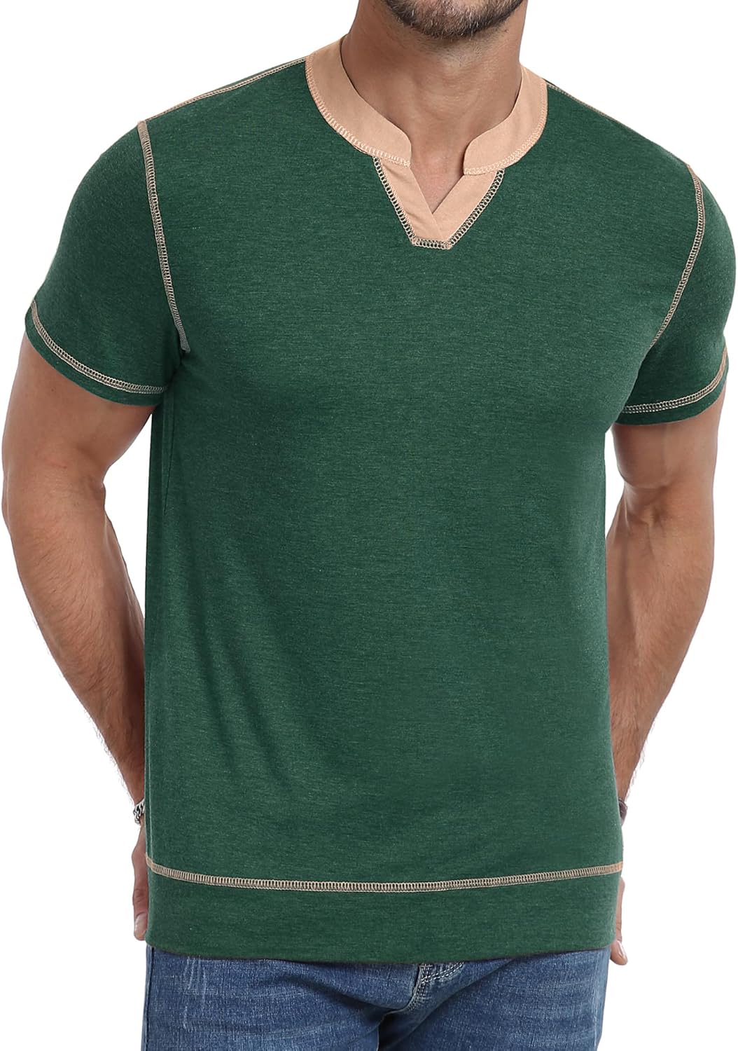 YTD Mens Henley Shirts Short Sleeve Casual V Neck Basic Tee Shirts Summer Vintage T-Shirts