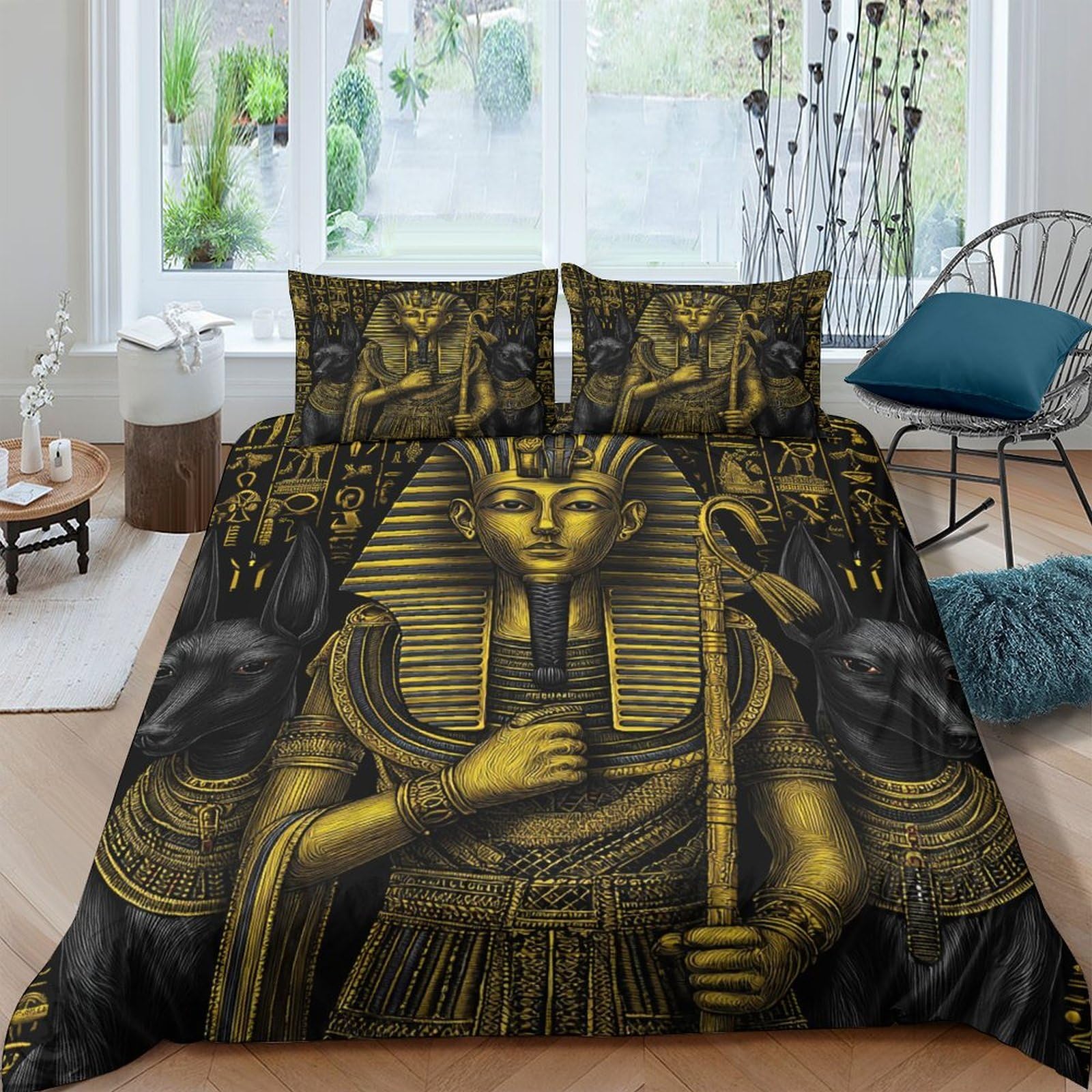 Ctjqhvkz Style-10 3D Printed Egyptian Pharaoh Fitted Sheet Microfiber Soft Gold Black Sphinx Mattress Cover Bedroom Decor Protection Single（135X200cm）