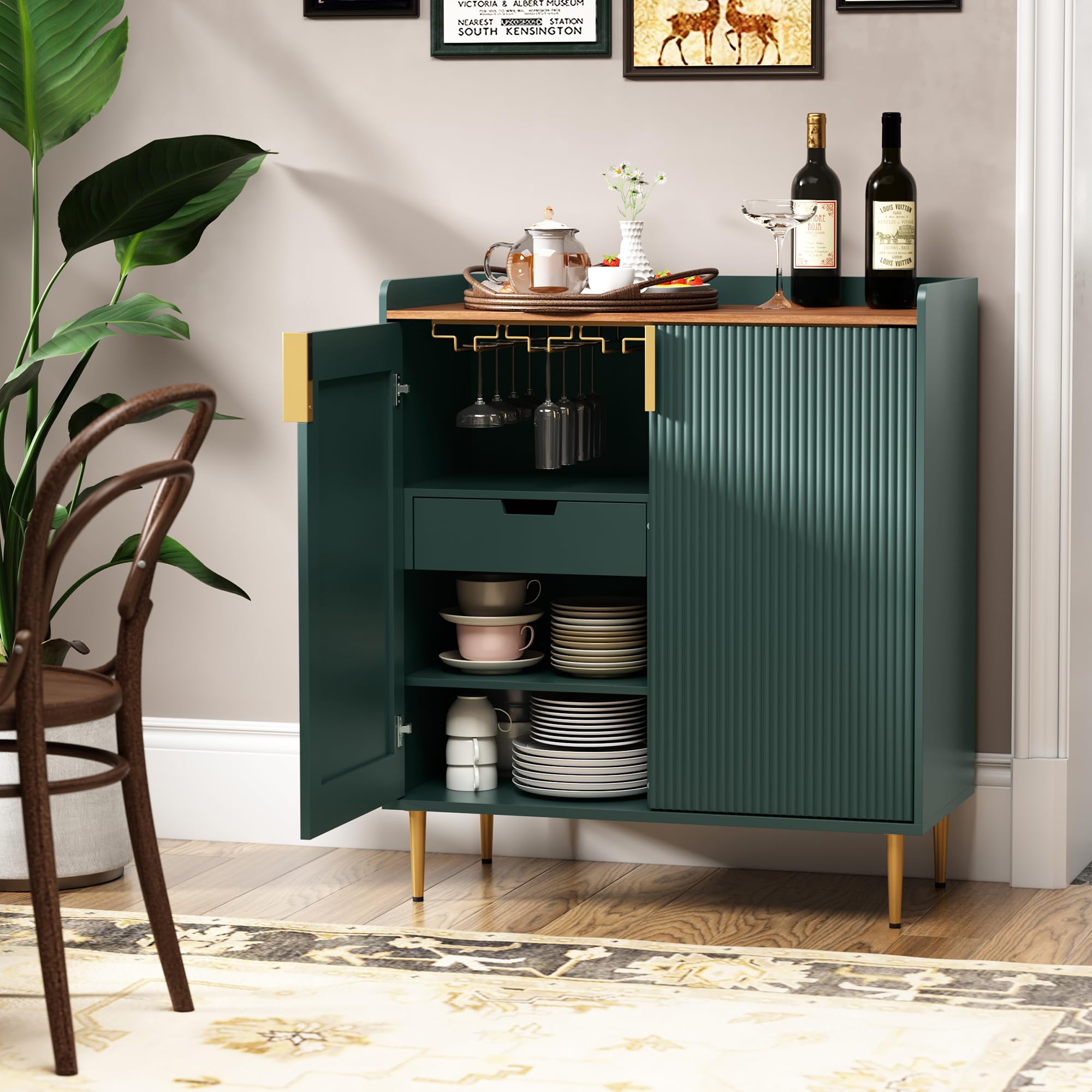 HOLTICO Weinschrank mit Weinregalen für 9 Flaschen, Barschrank Moderne Kaffeetresen-Schrank, Alkoholschrank Flaschenregal Holz, Sideboard-Buffetschrank für Küche, Esszimmer, Wohnzimmer