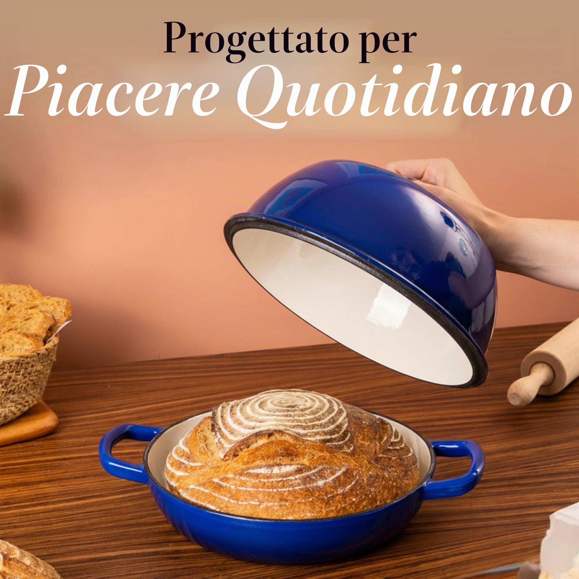 Casseruola in Ghisa Smaltata con Coperchio – Forno Olandese per Pane e Lievitati – Pentola in Ghisa per Cottura del Pane – Blu Scuro, 5.68 Litri, 22cm – by Nuovva