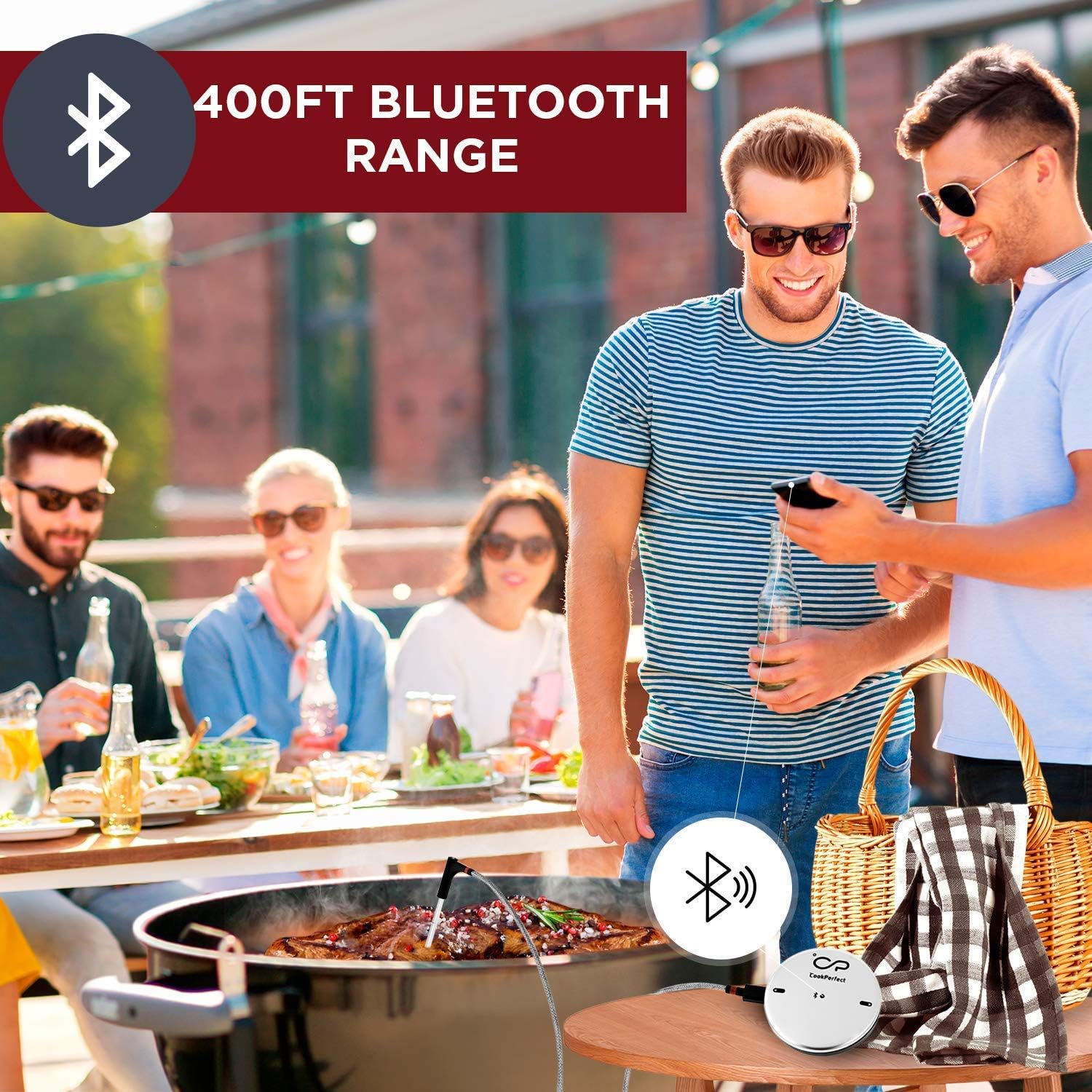 review CookPerfect New Smart Wireless Meat Thermometer with 400ft Bluetooth Range for The Oven Grill Kitchen BBQ Smoker Rotisserie with Bluetooth and WiFi Stove Digital Connectivity (1 Probe Included)