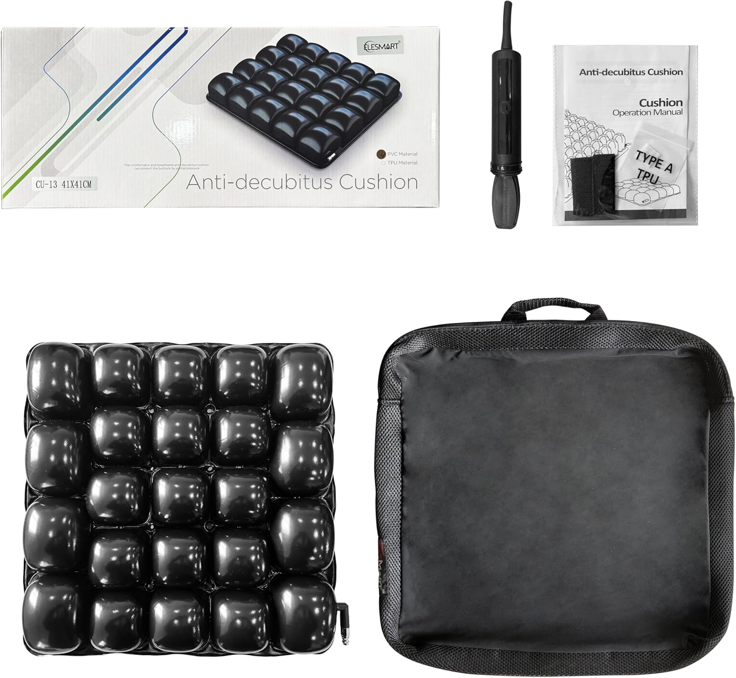 Air Inflatable Mosaic Wheelchair Seat Cushion, for Reducing Skin and Tissue Pressure and Preventing Pressure Sores, Tailbone Pain Relief, Also for Car, Office, Home, Includes Pump, Cover, 16x16 Inch - Image 6