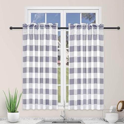 Simple Deluxe Buffalo Check - Cortinas de cocina a cuadros, cortina pequeña a cuadros para ventanas de media cafetería, 26 pulgadas de ancho x 36