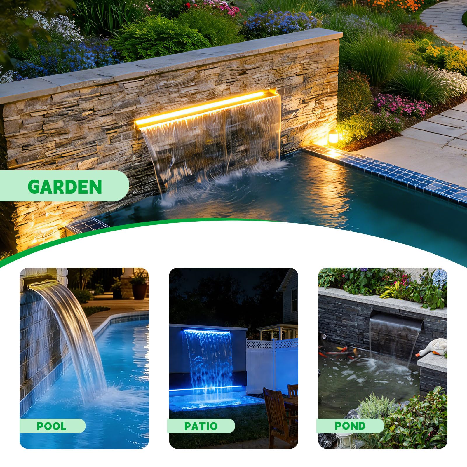 LONGRUN Lama a cascata per laghetto da 60 cm, con luce LED RGB Bluetooth, kit completo per cascata e flusso