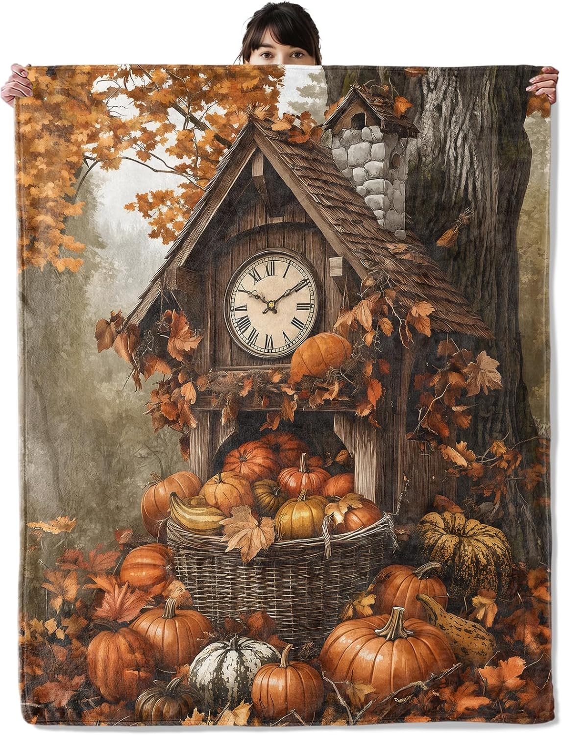 Pumpkin & Wooden Clock Blanket, Cozy Flannel Autumn Scenery Throw Blanket, Soft Fuzzy Blankets for Travel Home Decor, All Season Lightweight Couch Bed Cover, Gifts for Women Adults Kids 40"×50"