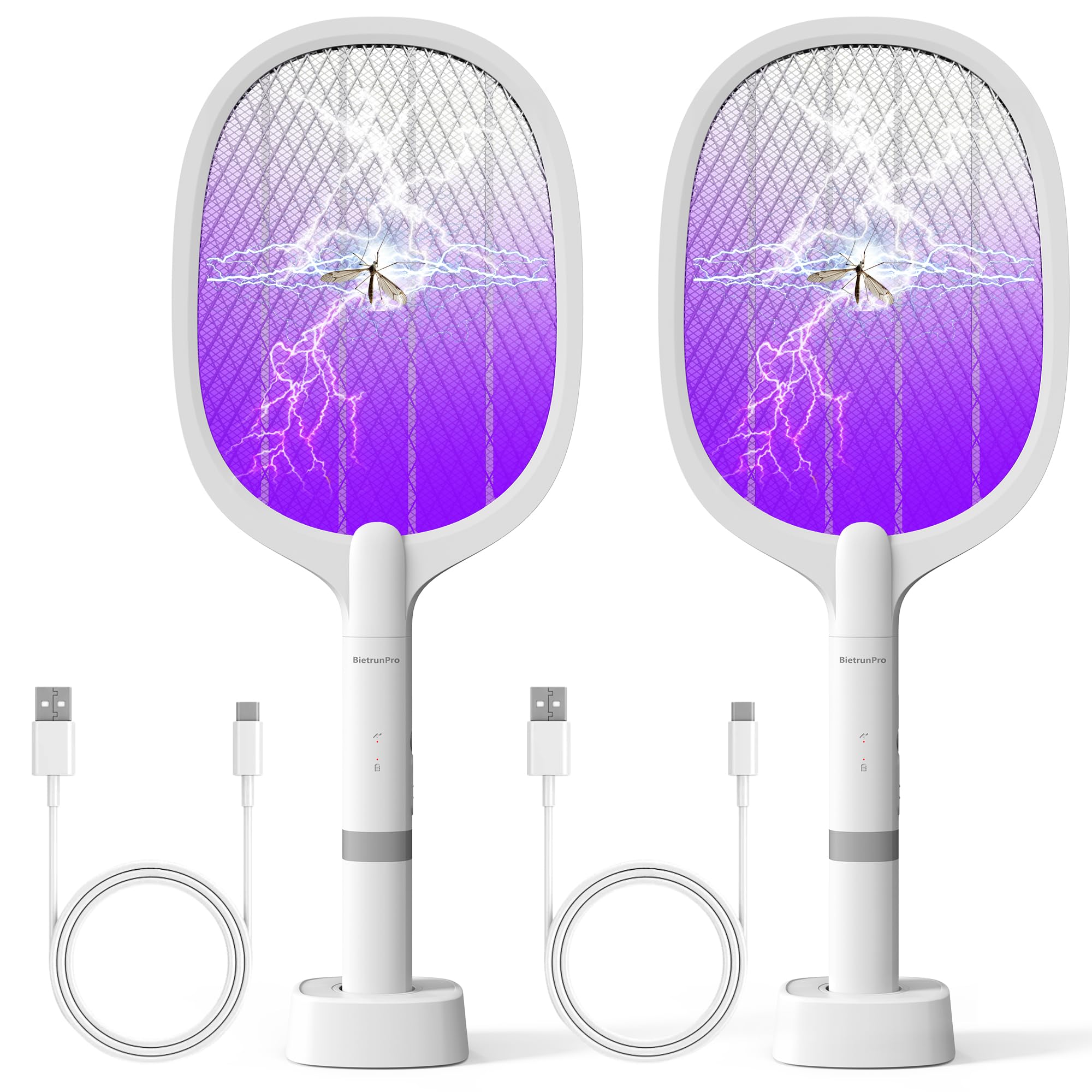 Elektrische Fliegenklatsche wiederaufladbar (2er-Pack), 2-in-1 elektrischer Insektenvernichter, Mückenfalle, Lampe und Schläger, USB-C-Ladeständer, leistungsstarkes Gitter, 3-lagiges Sicherheitsnetz