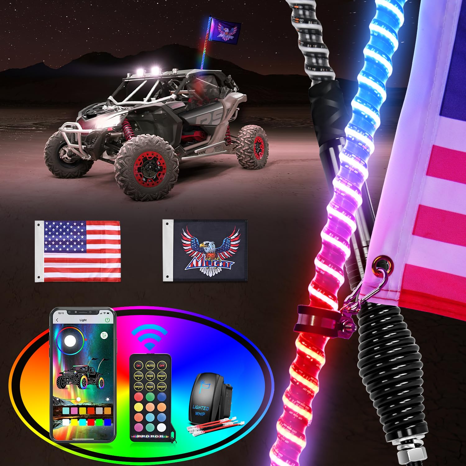 Nilight LED Whip Light 1 PC 3FT COB RGB Lighted Antenna Whips with Spring Base Remote & App Control DIY Chasing Patterns for Can-am Offroad ATV UTV RZR Polaris Dune Buggy 4-Wheeler Truck