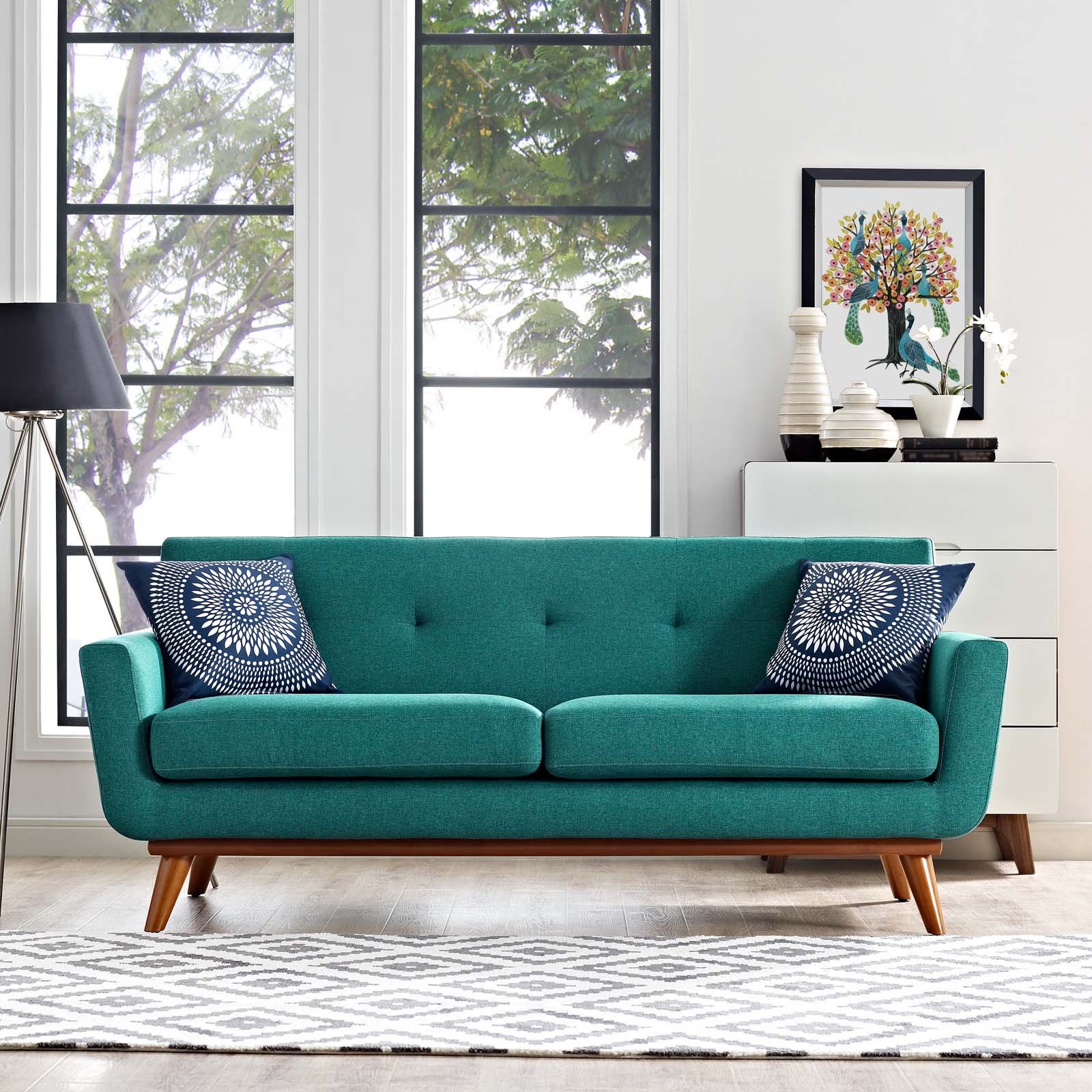 Modway Engage Mid-Century Modern Upholstered Fabric Loveseat in Teal