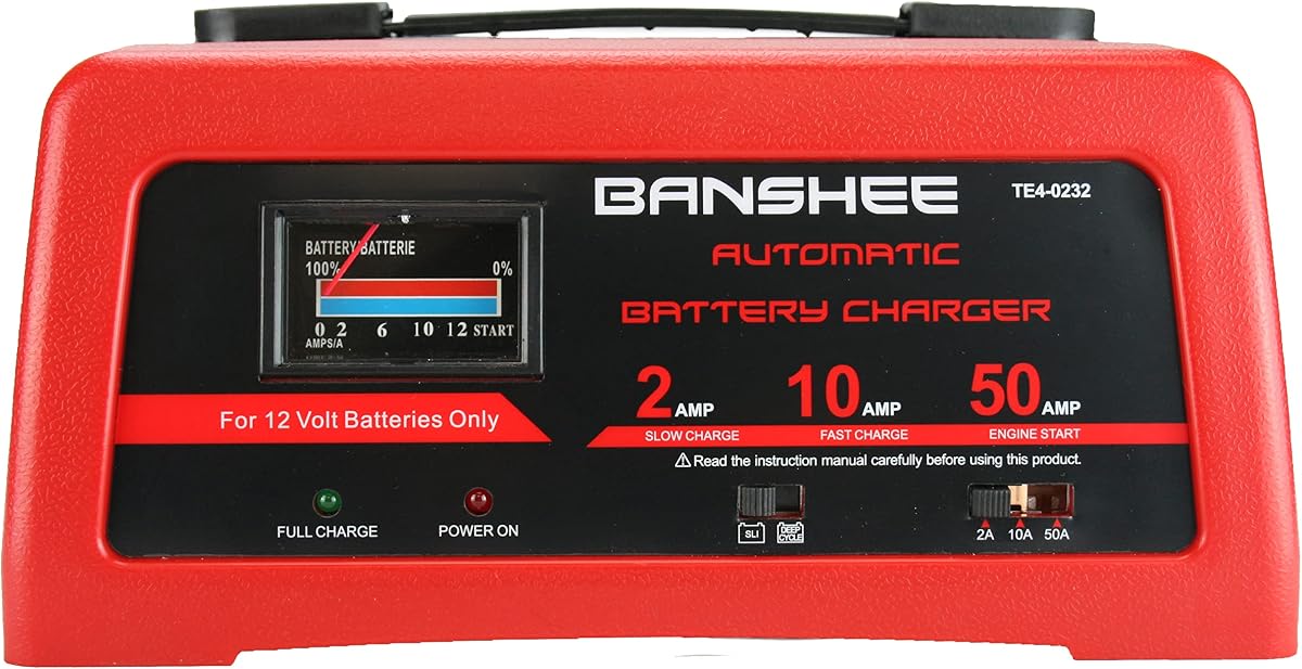 12V Smart Battery Charger and Engine Starter, 2/6/10A Charge, 50A Start | Charges and maintains 12V AGM, gel and standard batteries with 2/6A charging, 10A boost and a 50A engine-start mode.