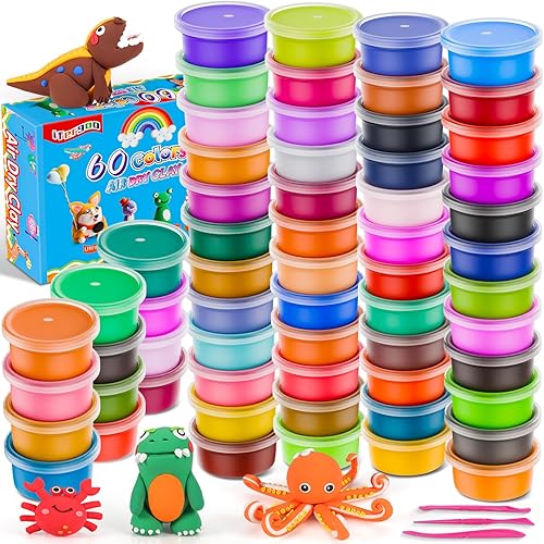 ifergoo Kit de arcilla seca al aire para niños, 60 colores de arcilla mágica para modelar, ultraligero, seguro y no tóxico, juguete de moldeo de