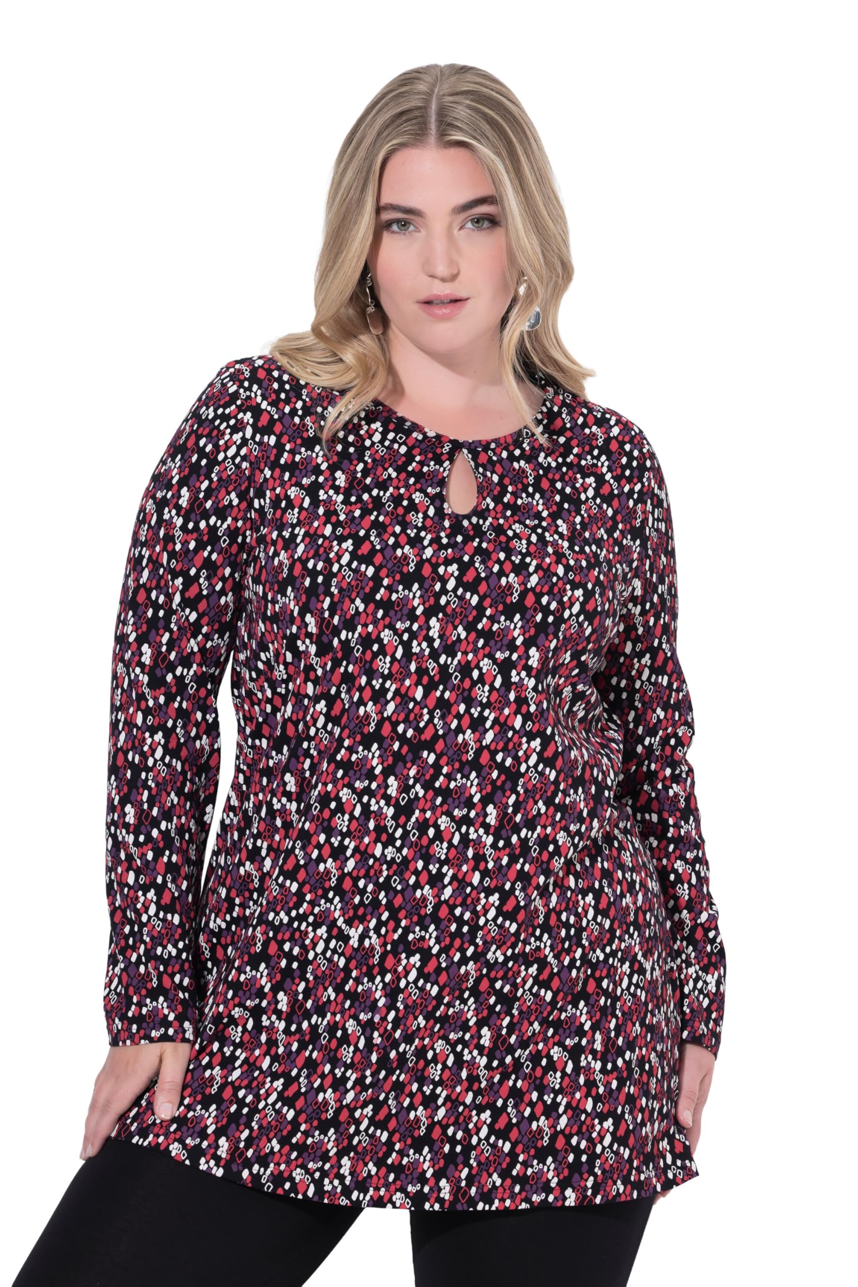 Ulla Popken Damen große Größen Übergrößen Plus Size Longshirt, grafischer Druck, A-Linie, Rundhals, Langarm 844588