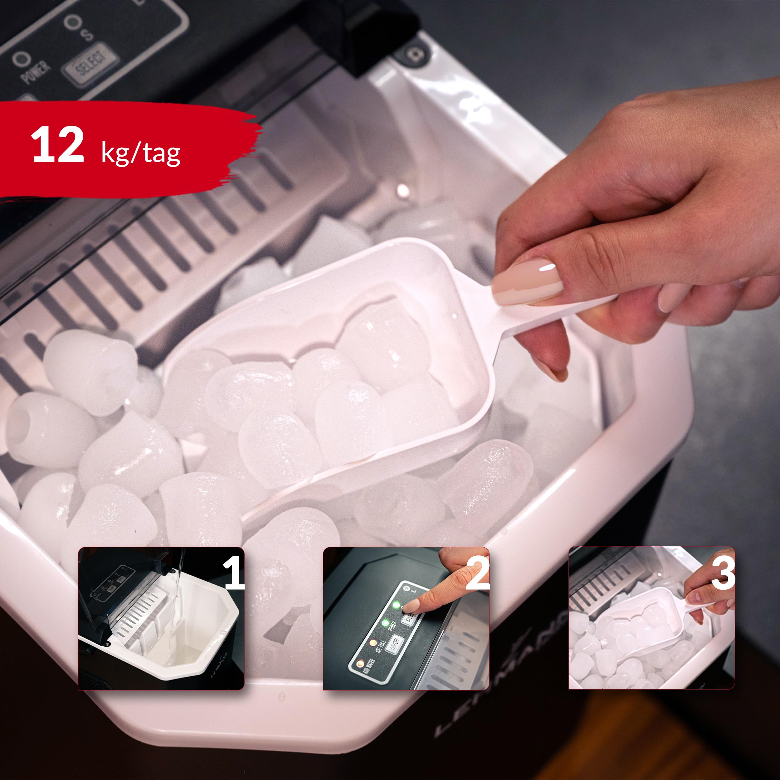 LEHMANN Eiswürfelmaschine, 9 Eiswürfel in 6–8 Minuten, 2 Größen, 12kg in 24 Stunden, Eiswürfelbereiter mit tragbarem Griff für Zuhause, Party, Büro und Camping