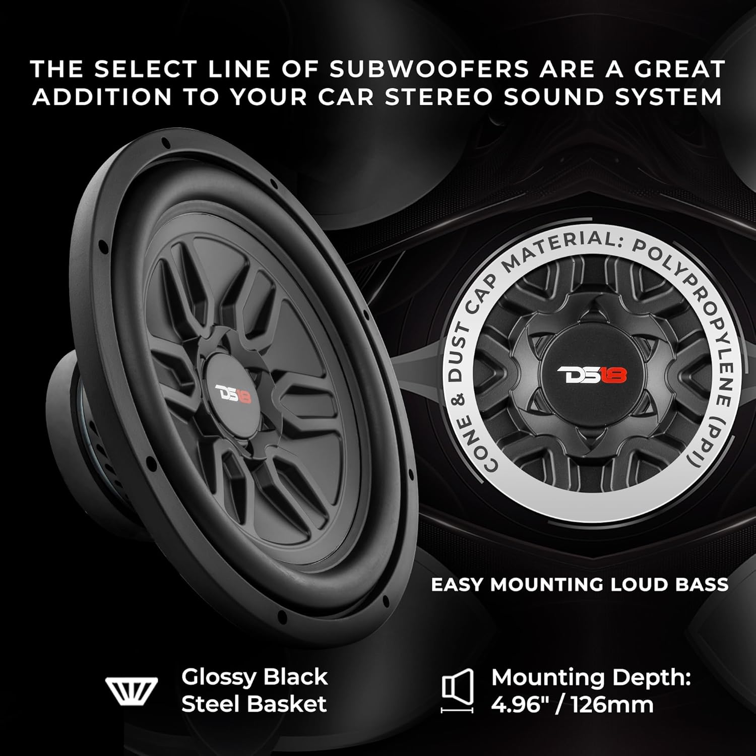 Úhlové view of DS18 SLC-MD12 subwoofer cone and mounting depth