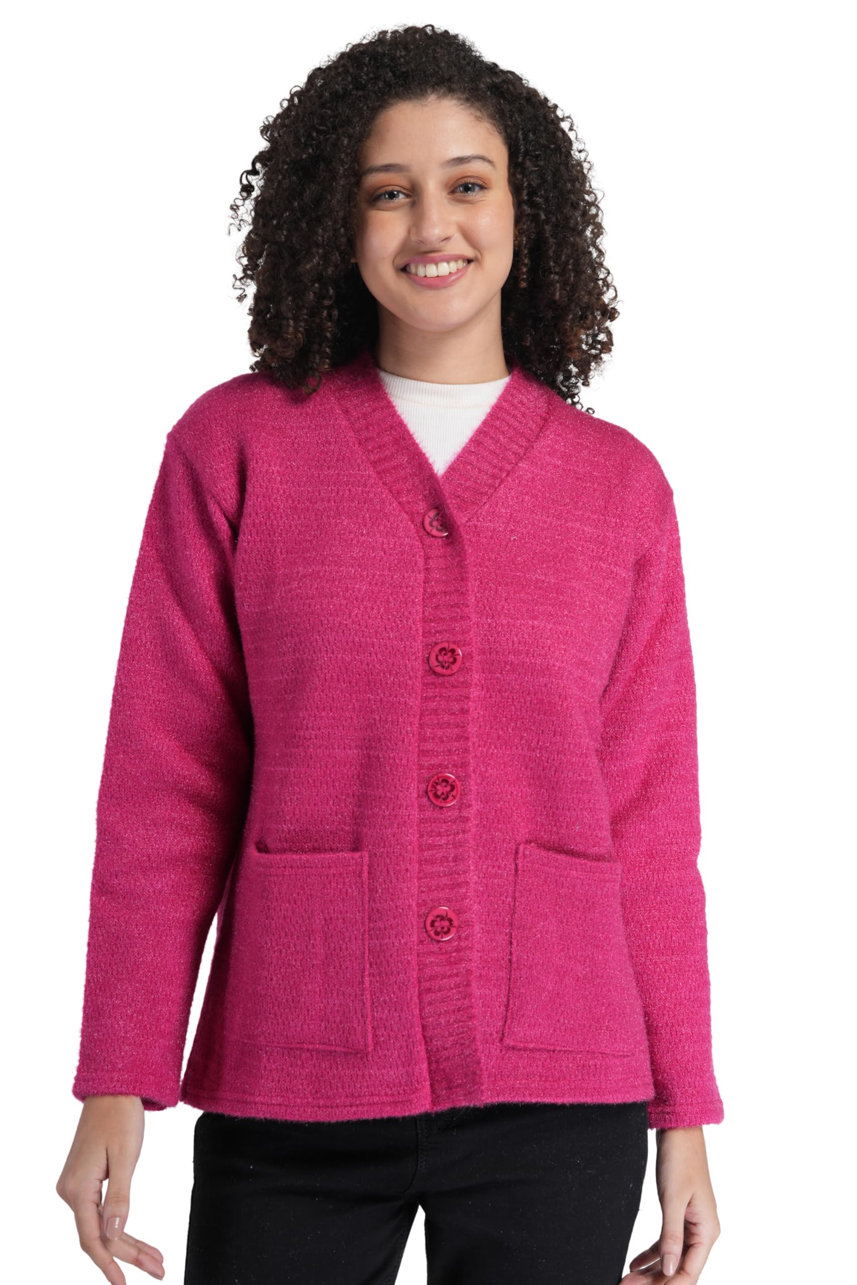 manra Wool Blend Women V-Neck Casual Wear Stylish Cardigan Sweaters With Front Pockets For Winter Wear (Women Baby Soft Pocket/44/Magenta), Pink-picture-28