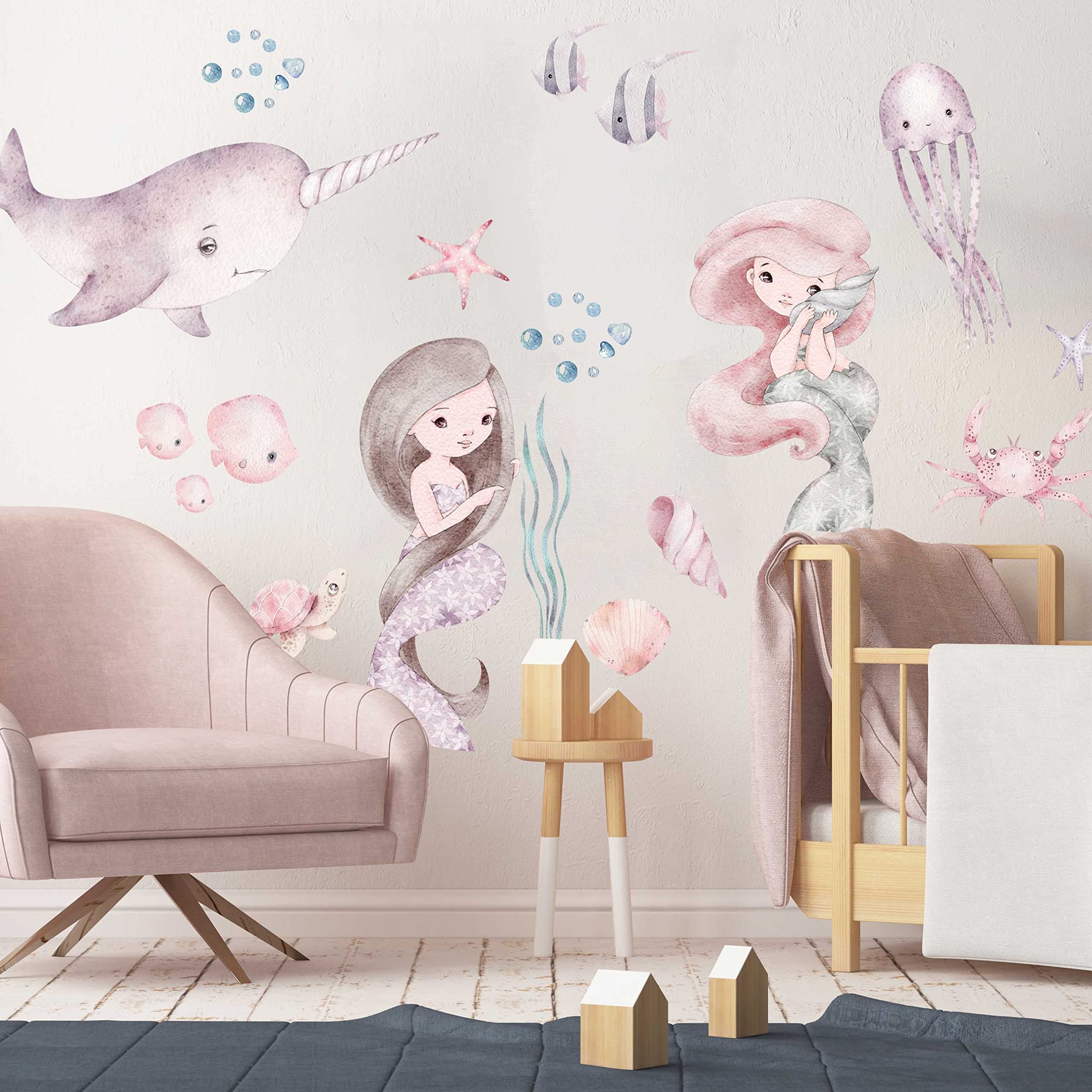WANDKIND Meerjungfrau V398 Wandtattoo Kinderzimmer | handgezeichnet | AUFKLEBER Kindergarten | Wandsticker Babyzimmer Mermaid (100 x 100 cm)