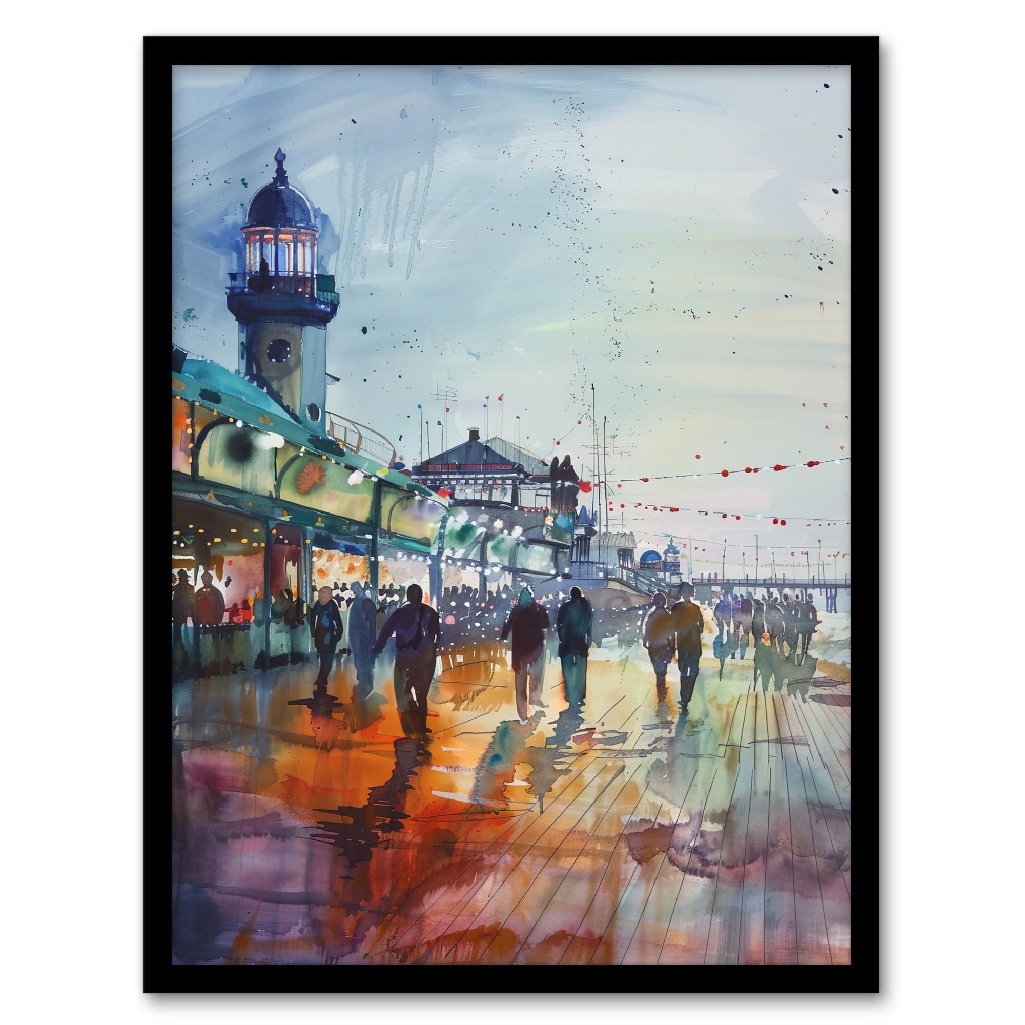 Artery8 Evening Promenade Walk Watercolour Painting Living Room Artwork Framed Wall Art Print A4
