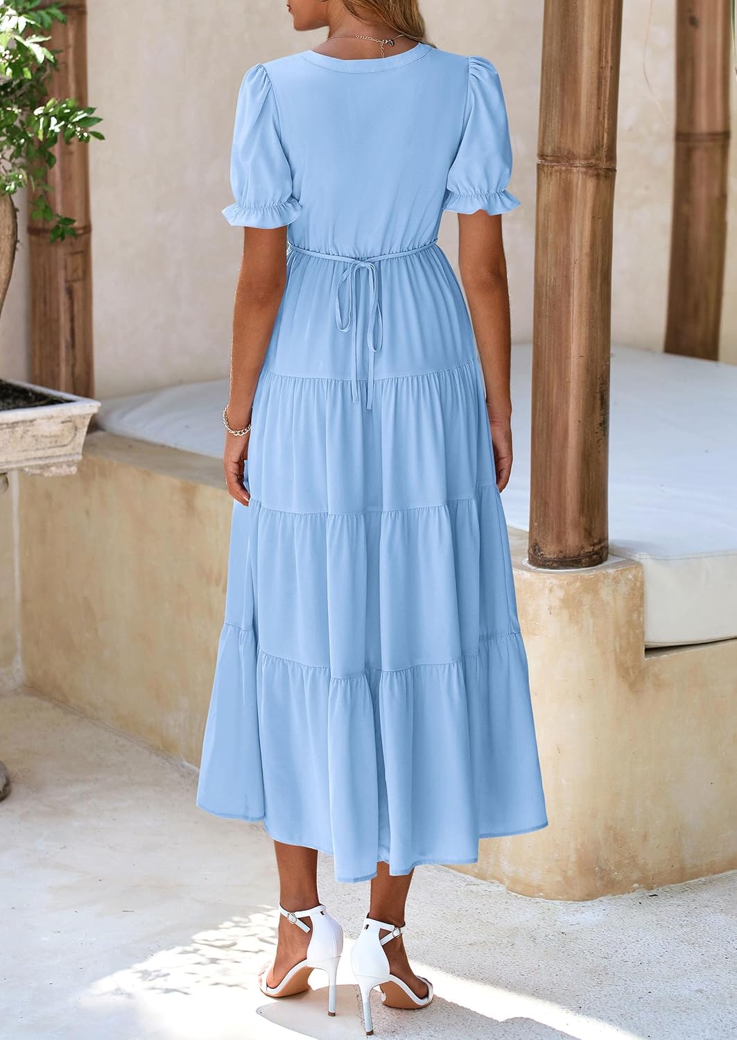 PRETTYGARDEN Women's Summer Casual Short Sleeve V Neck Midi Dresses 2025 Spring A-line Tiered Wedding Guest Dress - Image 2