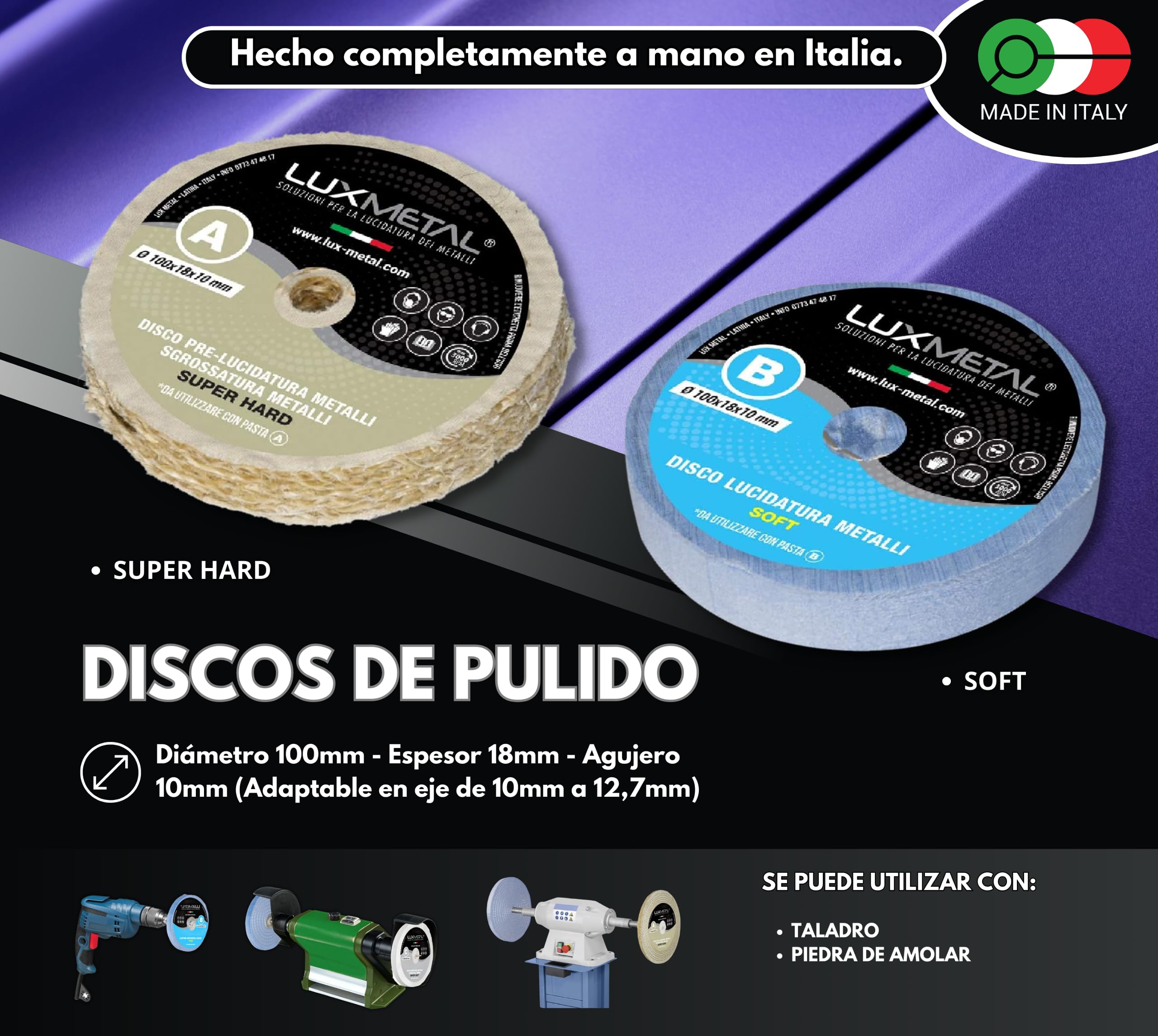 Lux Metal - Kit de Pulido 2 Pasta de Pulido Abrasiva de 250 g y 2 Discos de Pulido 100 mm Sisal Algodón Discos Broca para Pulir Metales Acero Inoxidable Aluminio Set de Pulido Latón Cobre Rueda