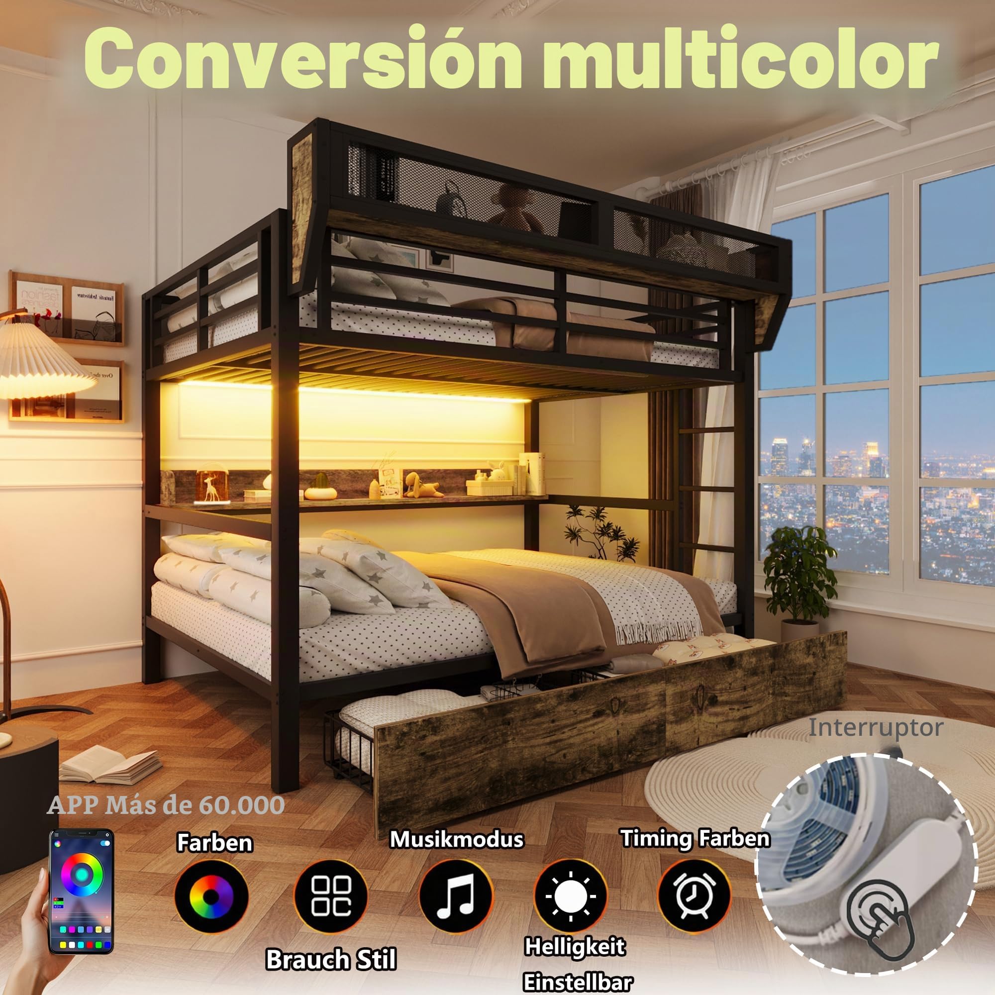 Soweiz Litera de hierro, cesta de almacenamiento, 2 cajones de hierro, luz LED, sin colchón (negro, 140 x 200 cm)