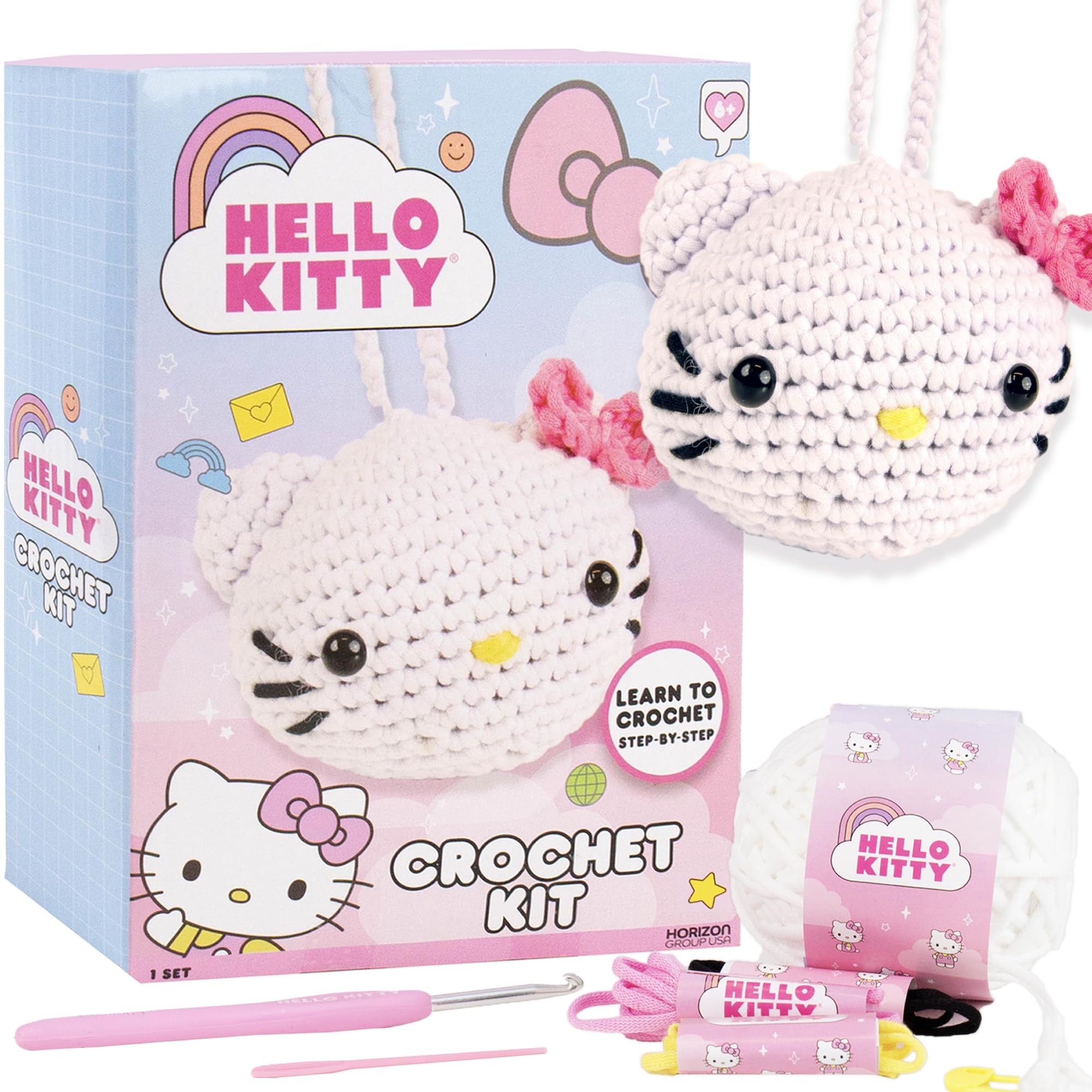 Hello Kitty® and Friends Crochet Kit – Hello Kitty® Bag Charm, Sanrio Crochet Kit for Beginners with Yarn, Starter Hooks, Step-by-Step Tutorials, DIY
