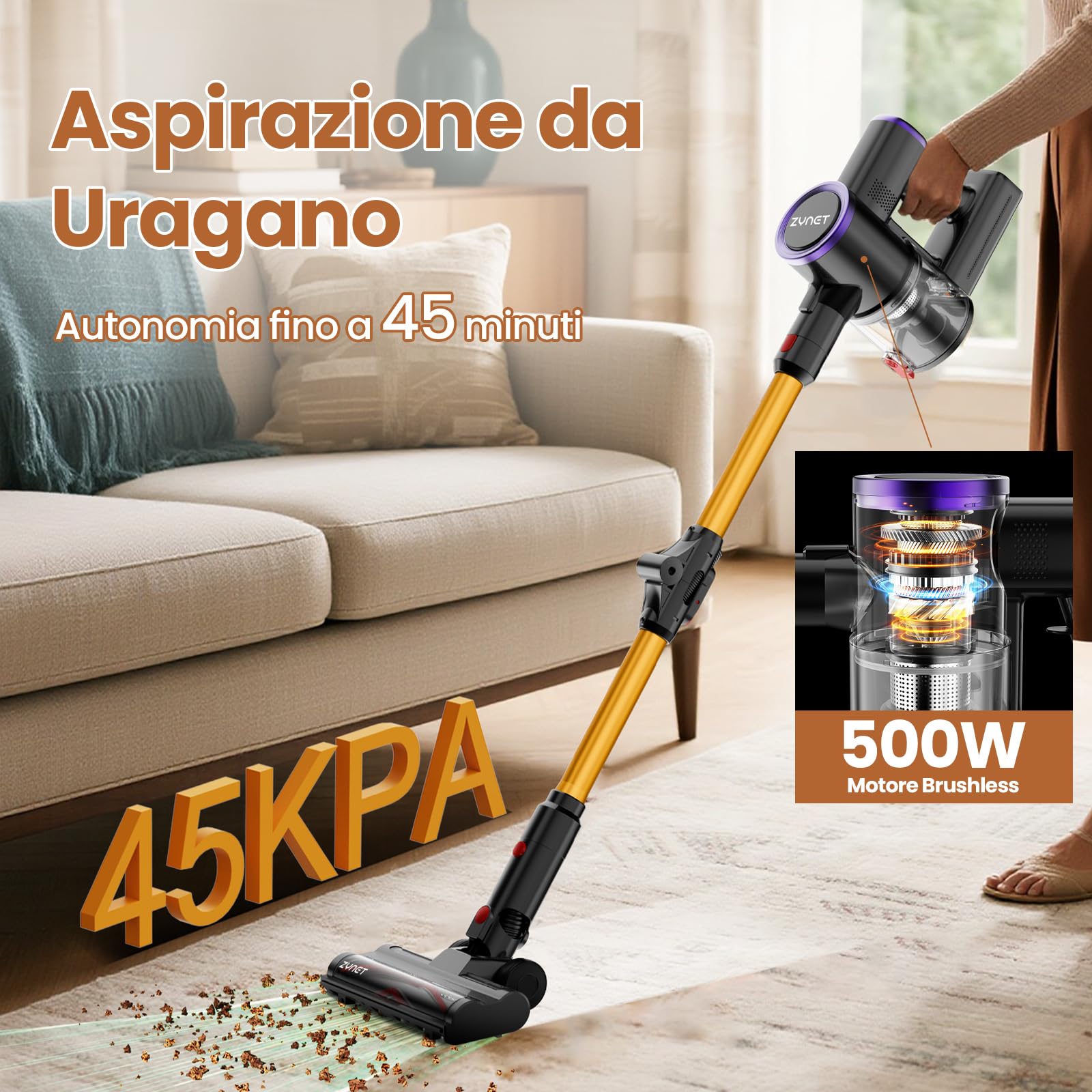 Zynet S9 Aspirapolvere Senza Fili, 45000Pa/500W/45Min Scopa Elettrica Senza Fili con Tubo Pieghevole e Supporto a Parete, Motore Brushless, per Peli di Animali Domestici, Tappeti e Pavimenti Duri